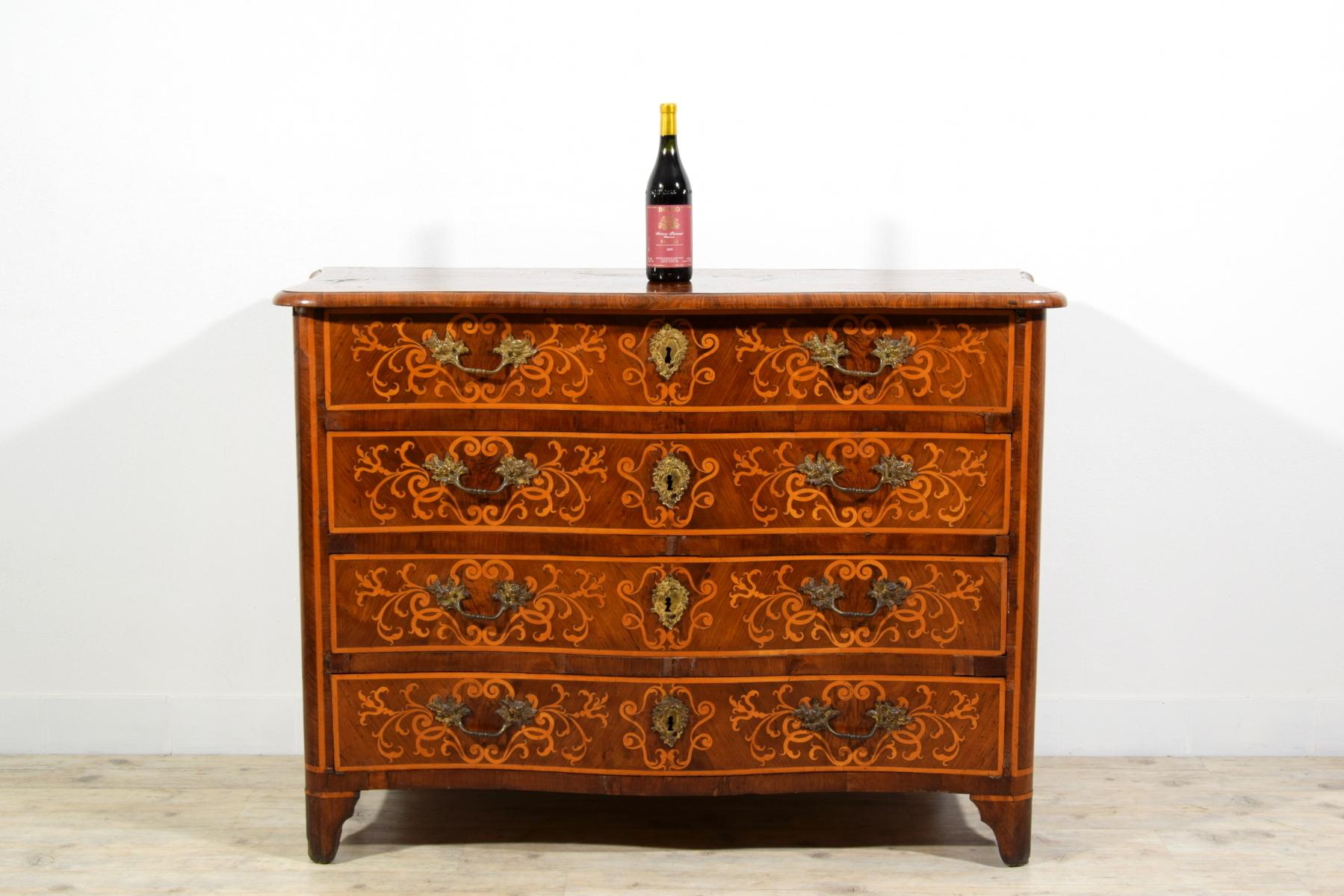 Wood 18th Century, Italian Inlaid And Veneered Chest Of Drawers For Sale
