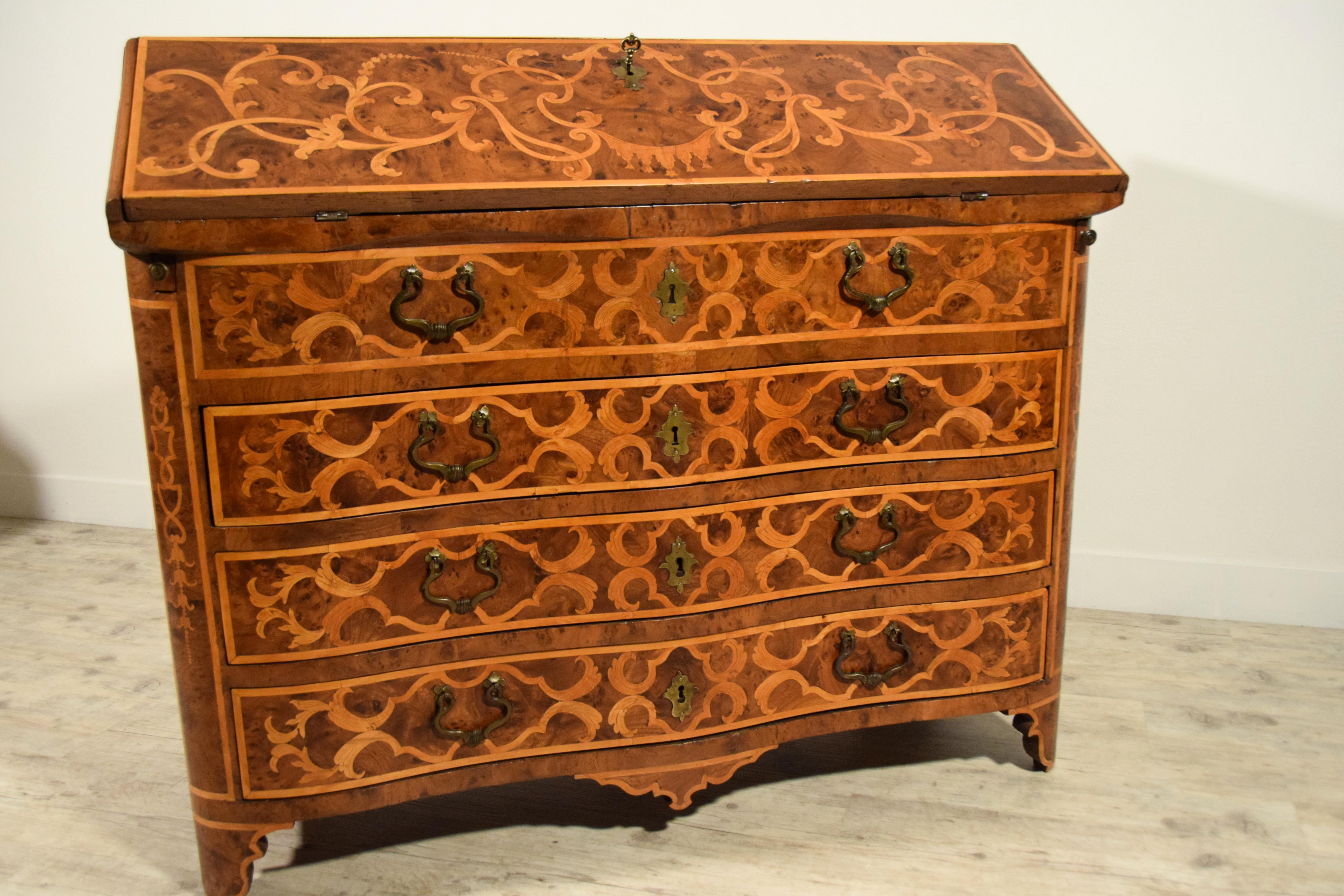 18th Century, Italian Inlaid Wood Chest of Drawers with Secretaire For Sale 12