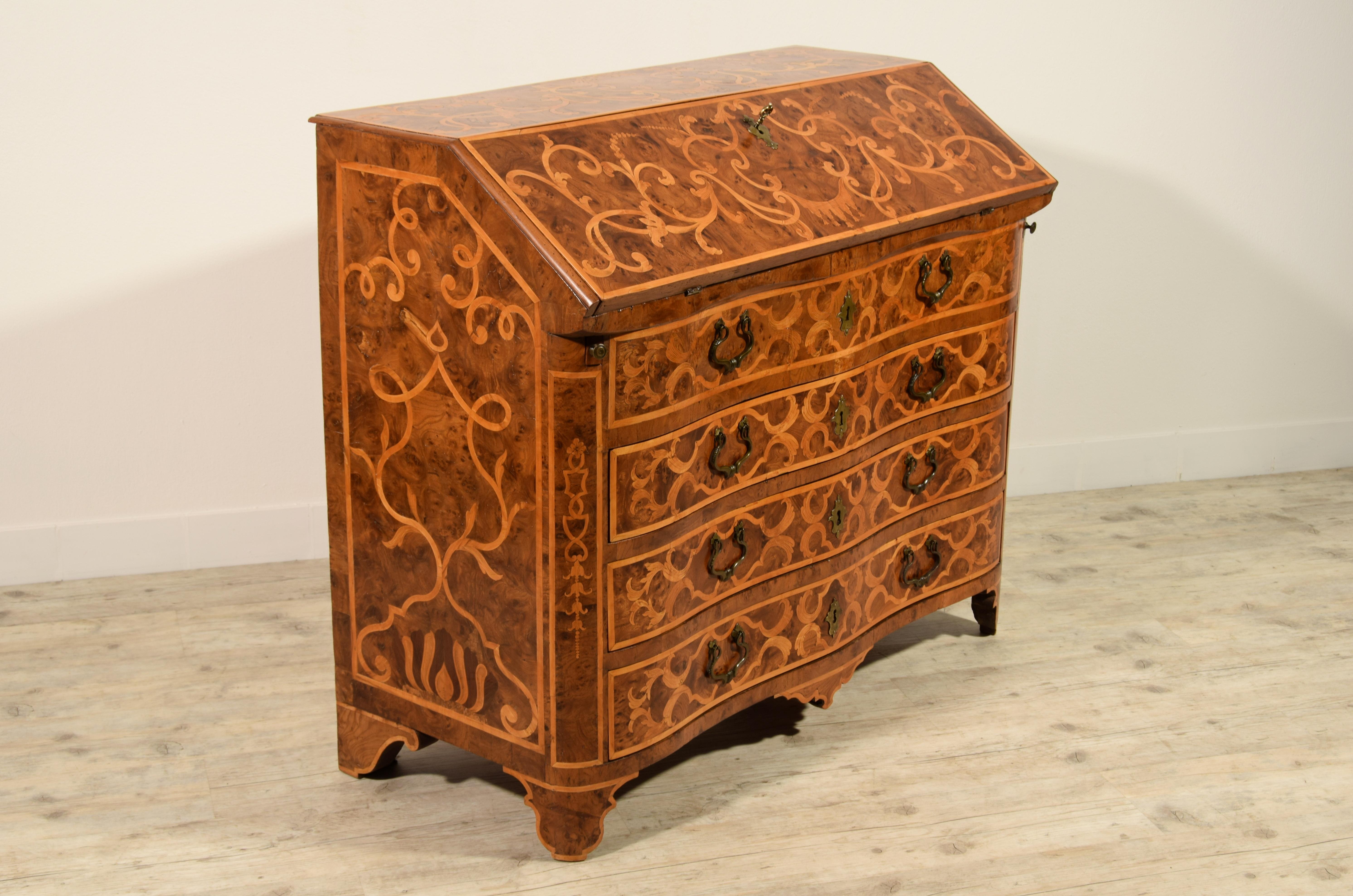 Baroque 18th Century, Italian Inlaid Wood Chest of Drawers with Secretaire For Sale