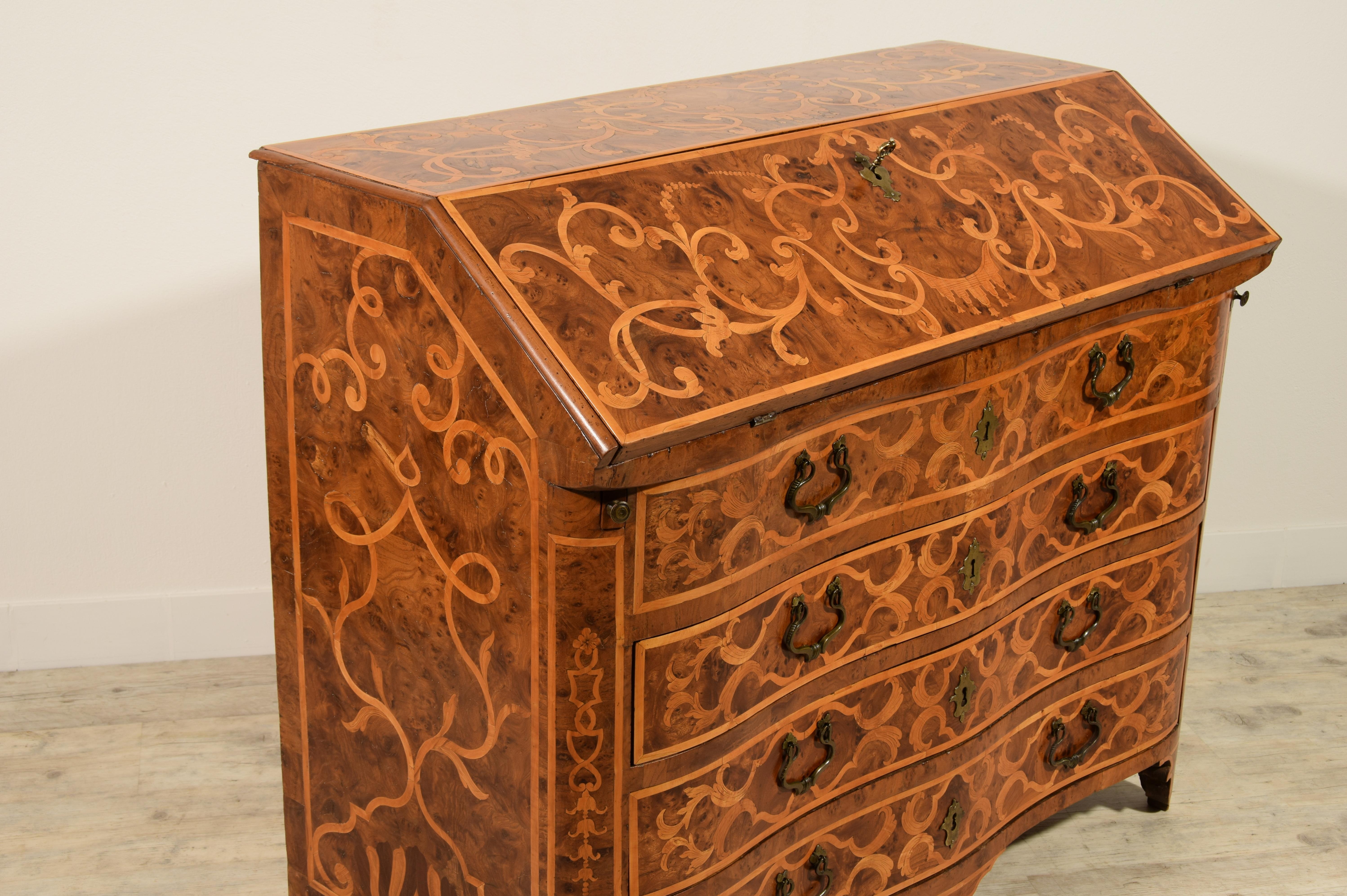 Inlay 18th Century, Italian Inlaid Wood Chest of Drawers with Secretaire For Sale