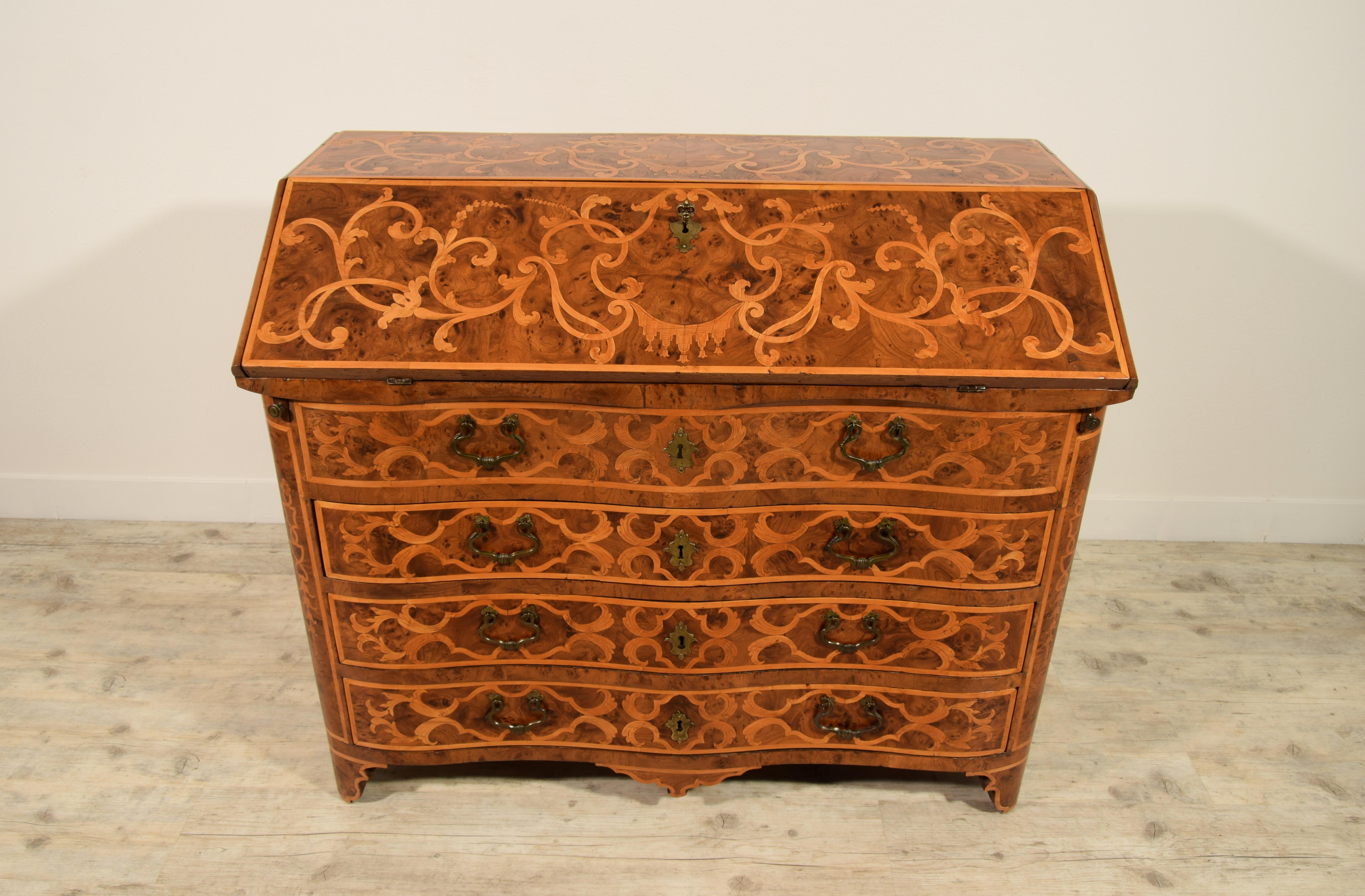 18th Century, Italian Inlaid Wood Chest of Drawers with Secretaire For Sale 4