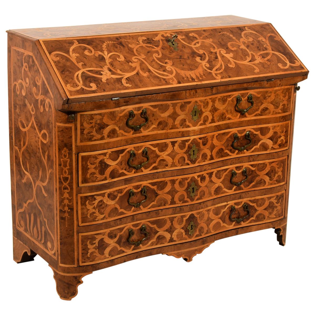 18th Century, Italian Inlaid Wood Chest of Drawers with Secretaire For Sale