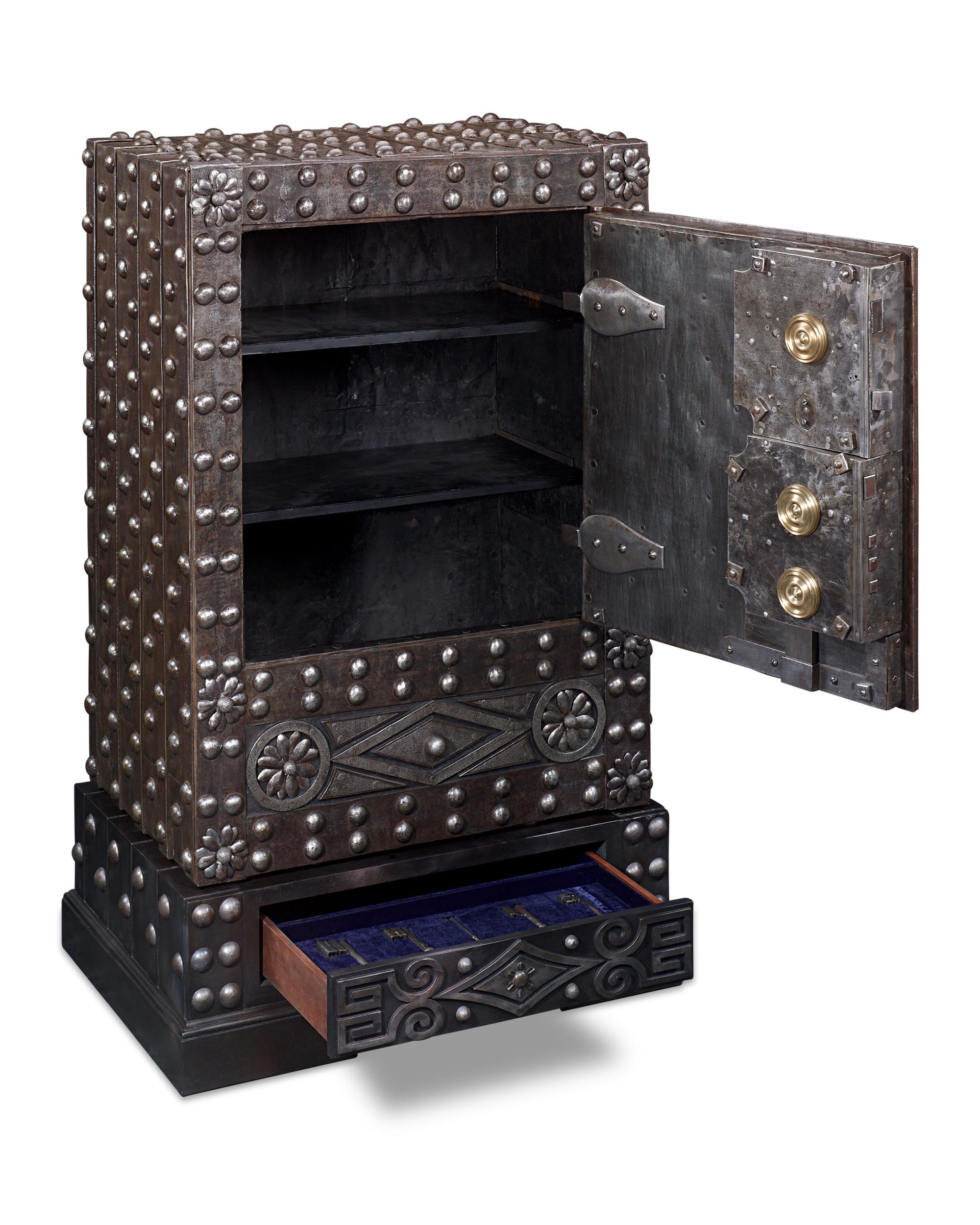 This rare and imposing 18th-century safe hails from the Turin region of northwestern Italy, and is crafted of reinforced wrought iron designed to be virtually indestructible. Impenetrable without the complex system of keys and know-how, this safe