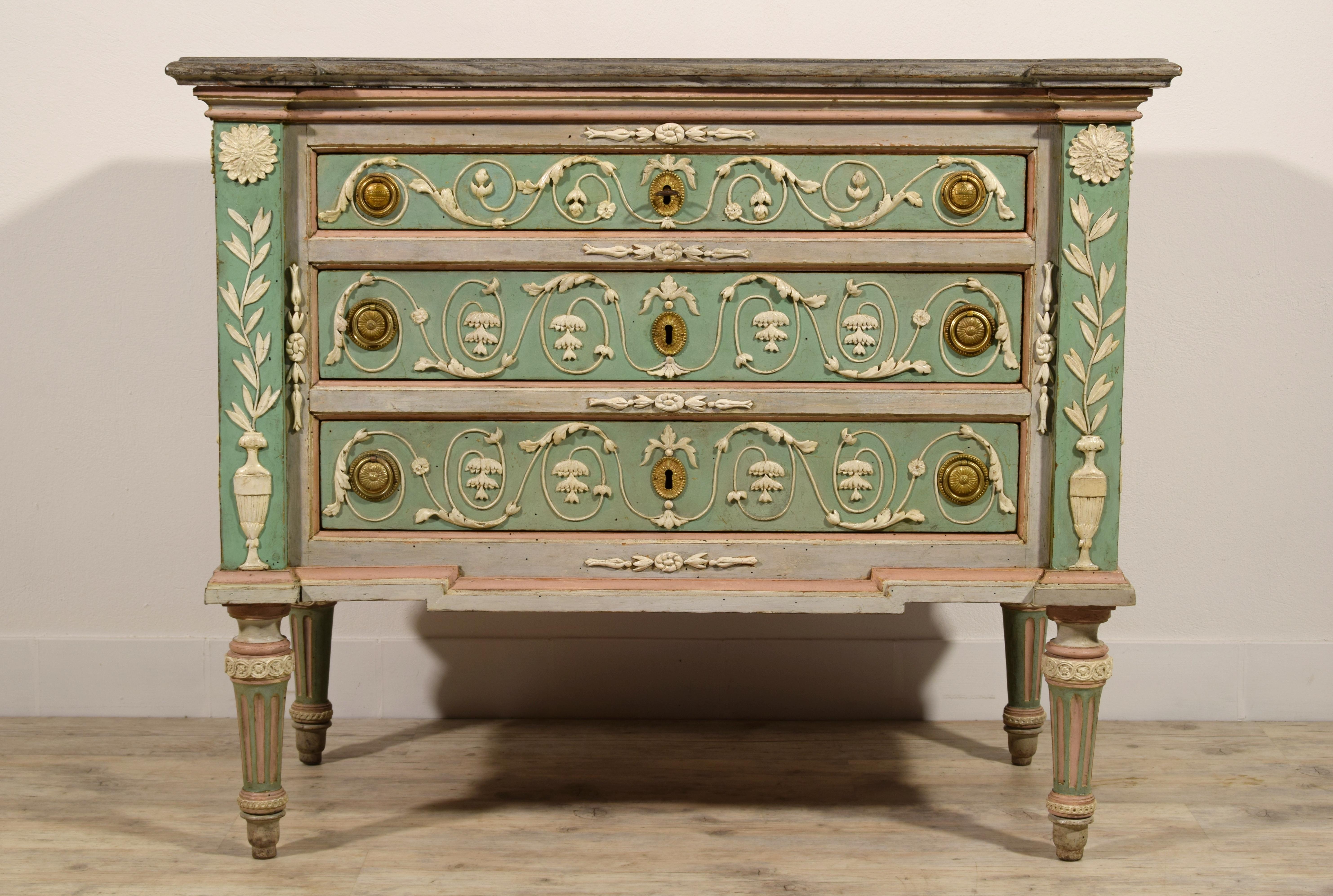 Hand-Carved 18th Century, Italian Lacquered Wood Chest of Drawers