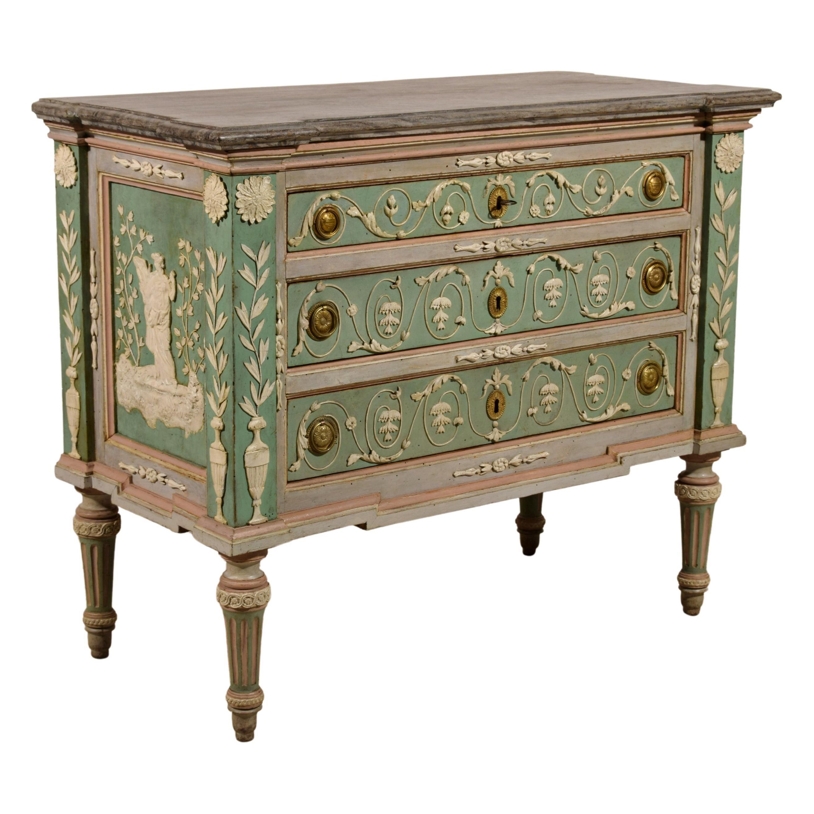 18th Century, Italian Lacquered Wood Chest of Drawers