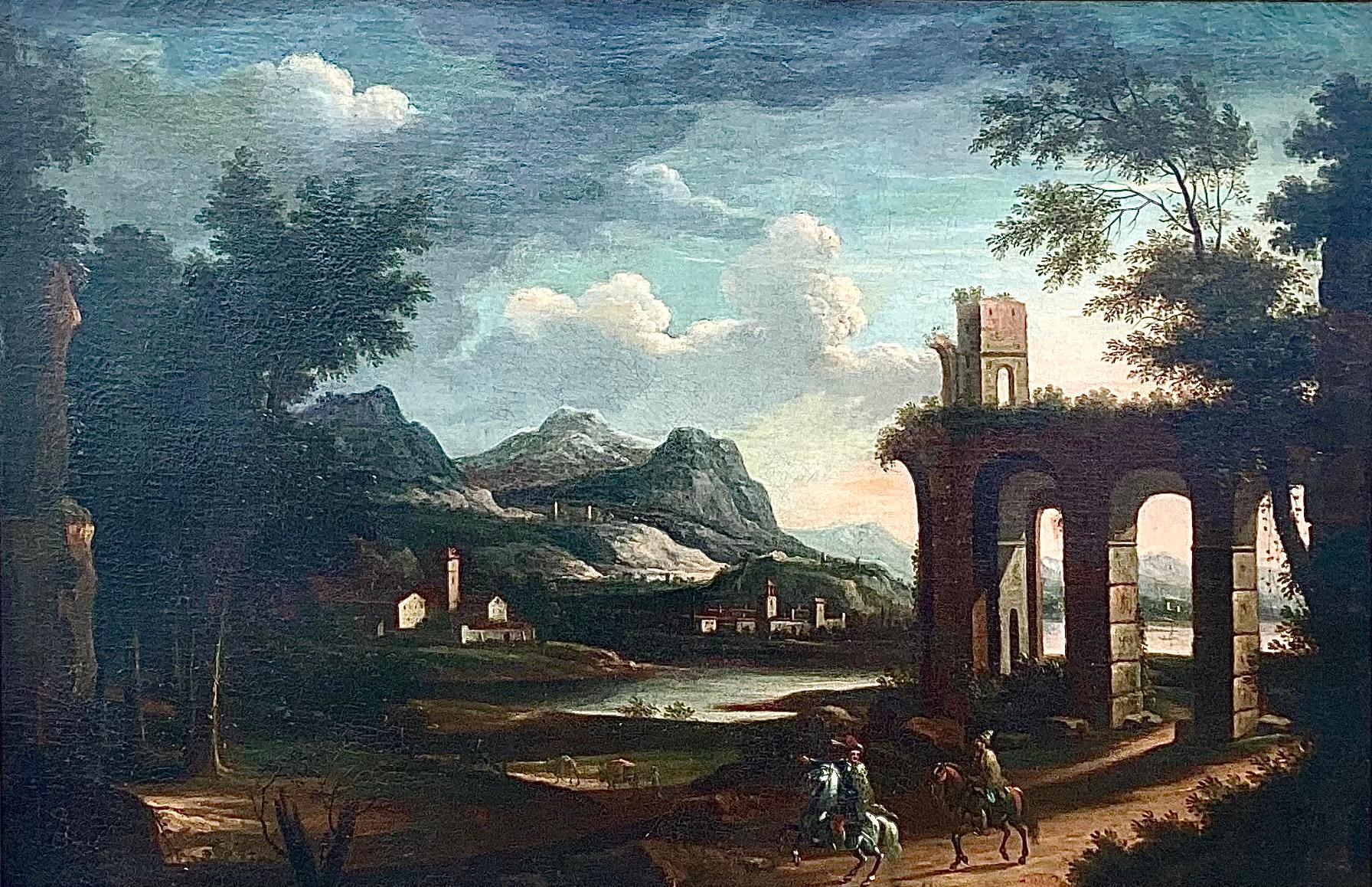 Wood 18th Century Italian Landscape Oil On Canvas Painting For Sale