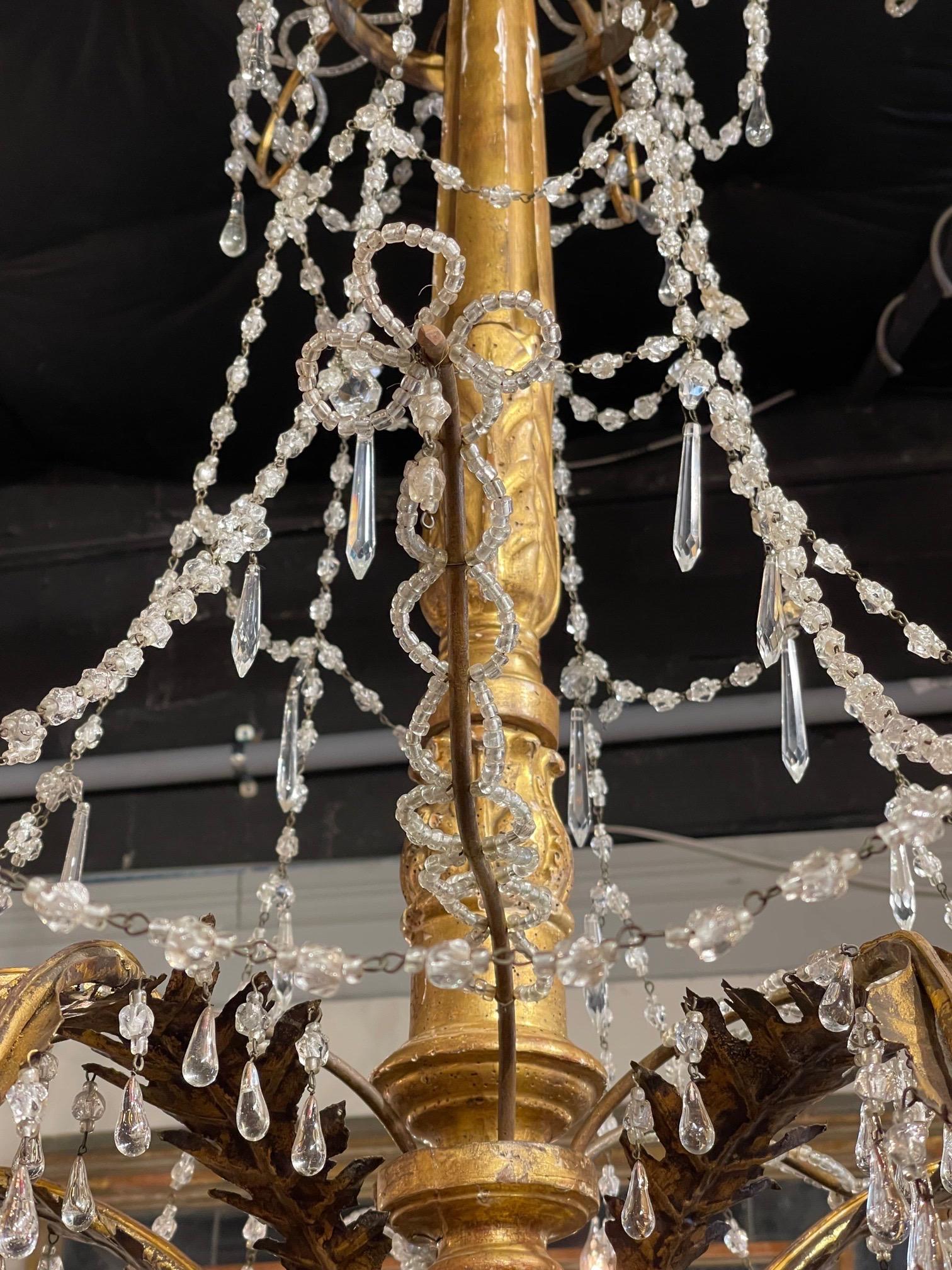 Carved 18th Century Italian Large Scale Giltwood and Beaded Crystal Chandelier For Sale