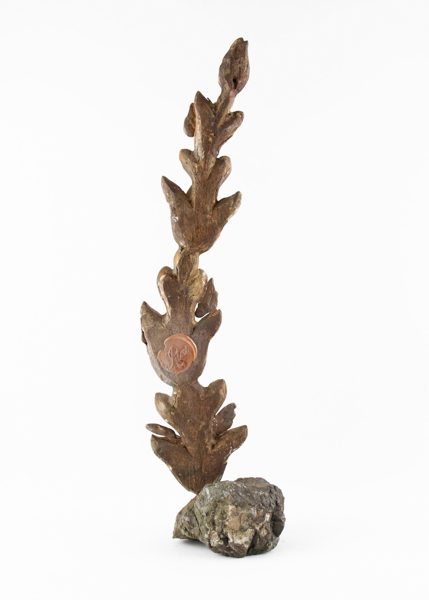 Carved 18th Century Italian Leaf Fragment Decorated with Baroque Pearls on Chalcopyrite