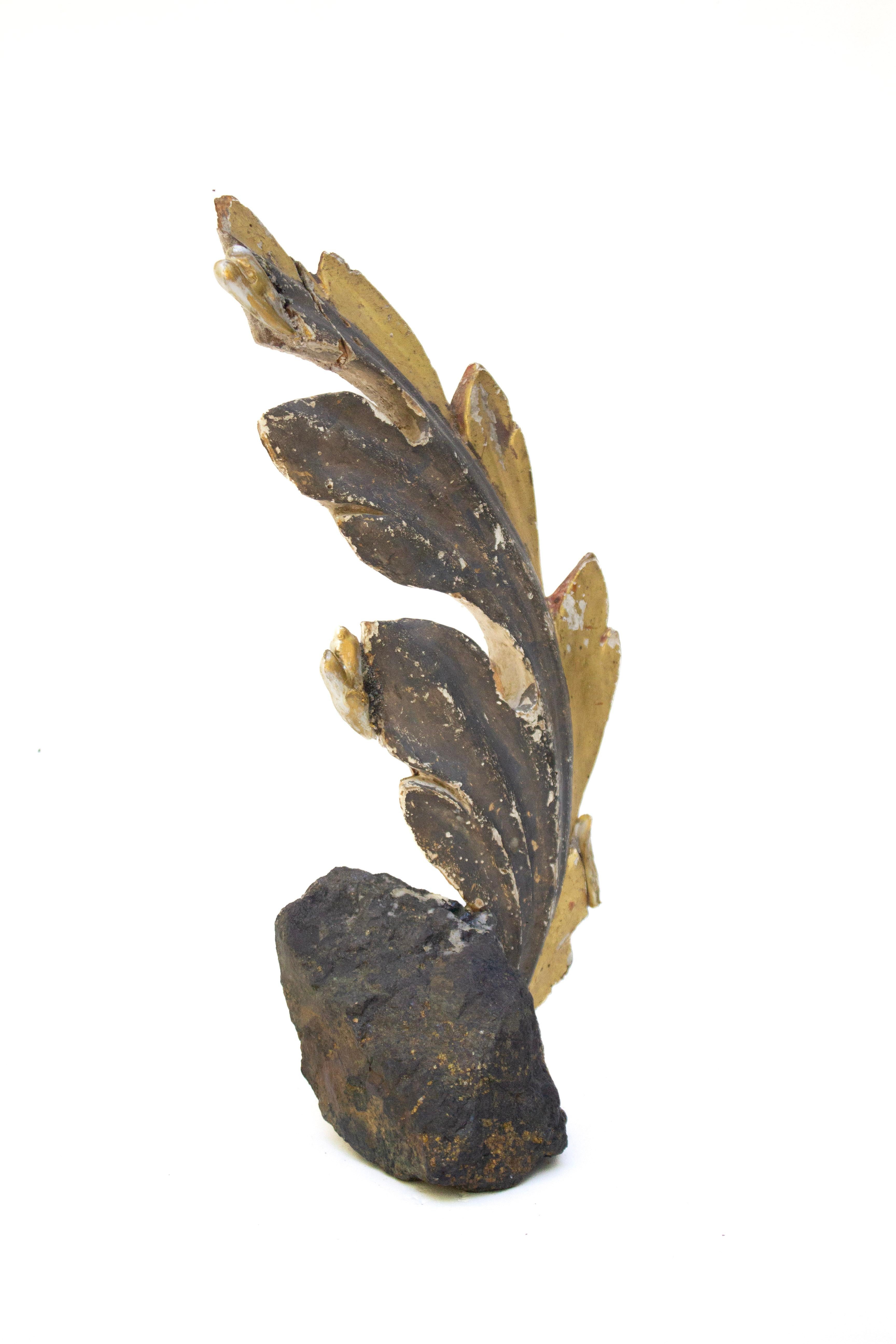 Hand-Carved 18th Century Italian Leaf Fragment with Pyrite in Magnetite and Baroque Pearls For Sale