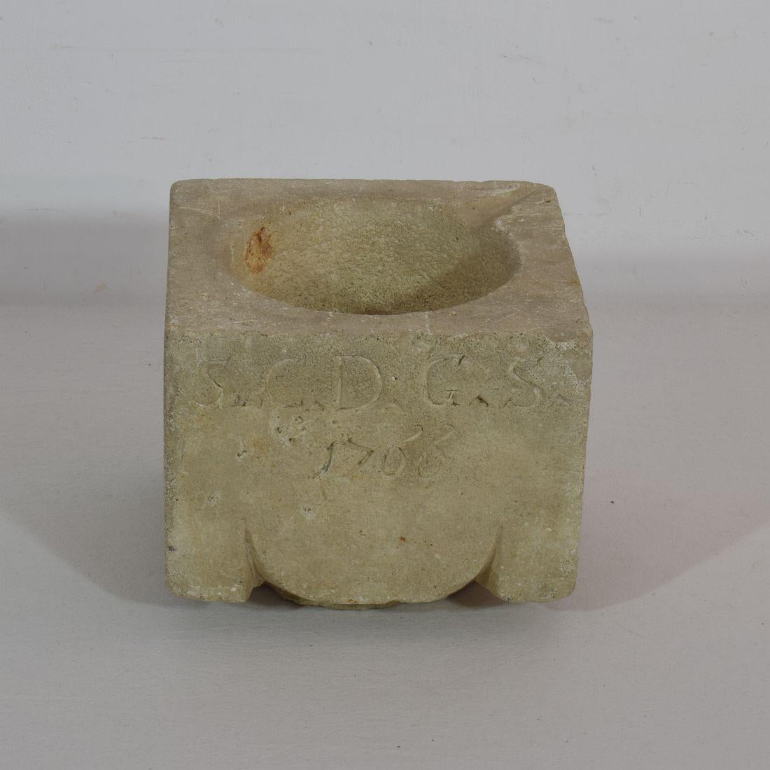 Beautiful and rare limestone mortar. 
Italy dated 1766. Great eyecatcher.
Weathered, but in a good condition.