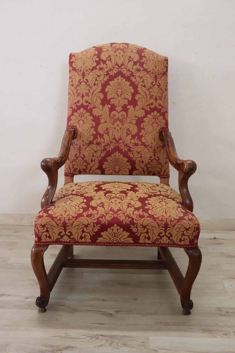 Early 18th Century 18th Century Italian Louis XIV Solid Walnut Antique Armchair For Sale