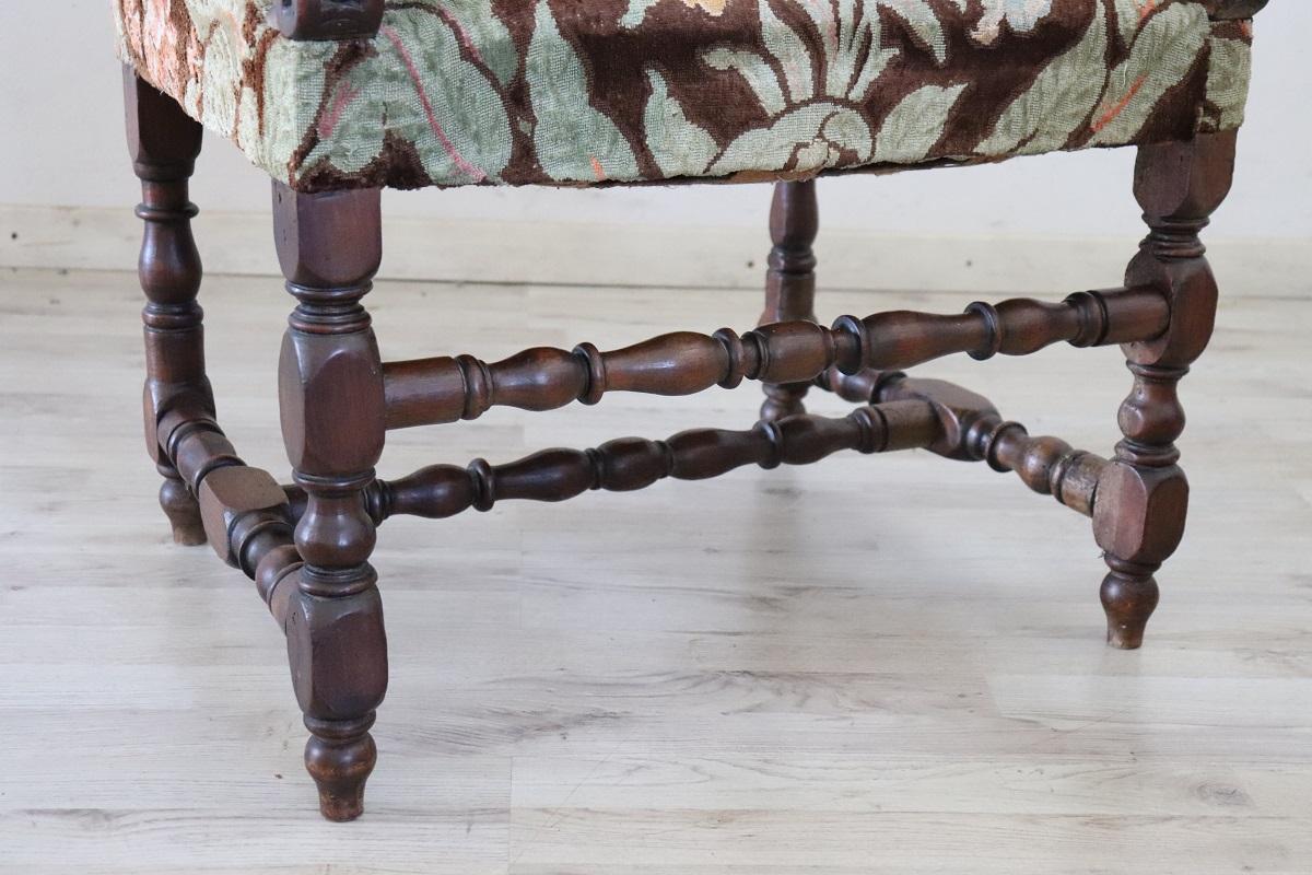 18th Century Italian Louis XIV Solid Walnut Antique Armchair For Sale 2