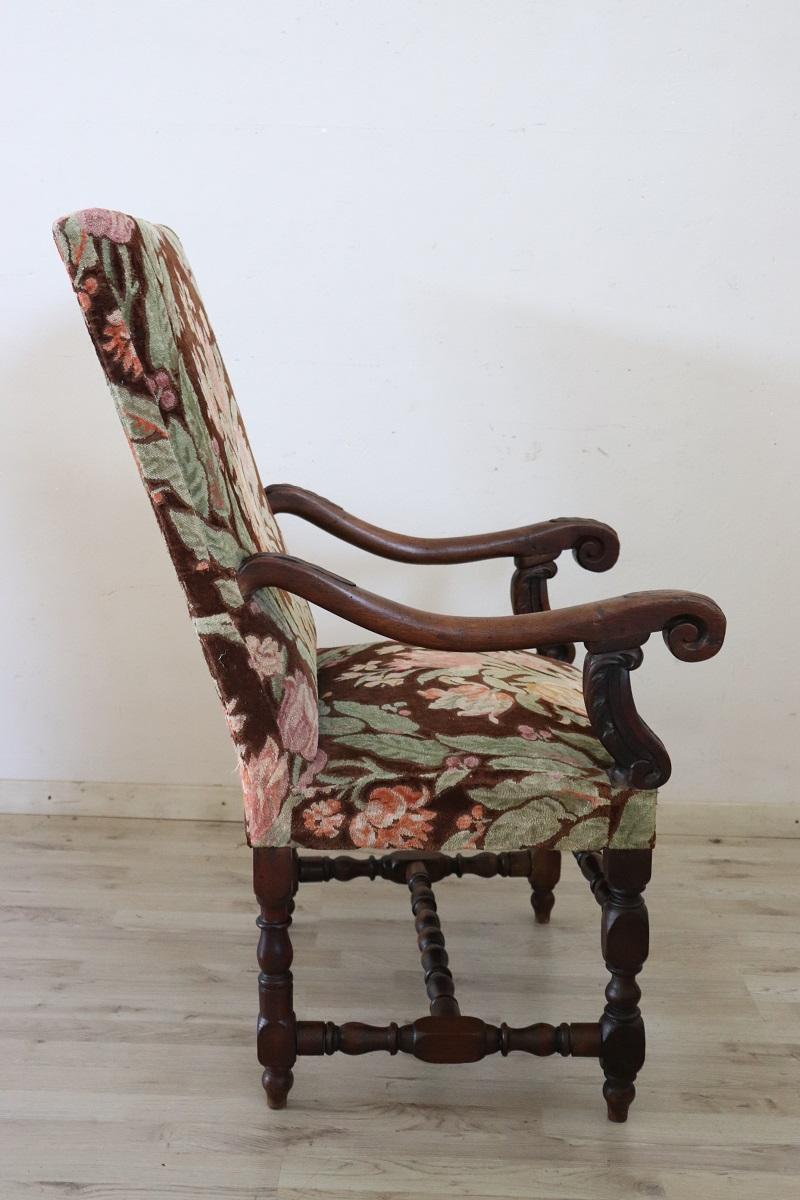 18th Century Italian Louis XIV Solid Walnut Antique Armchair For Sale 3