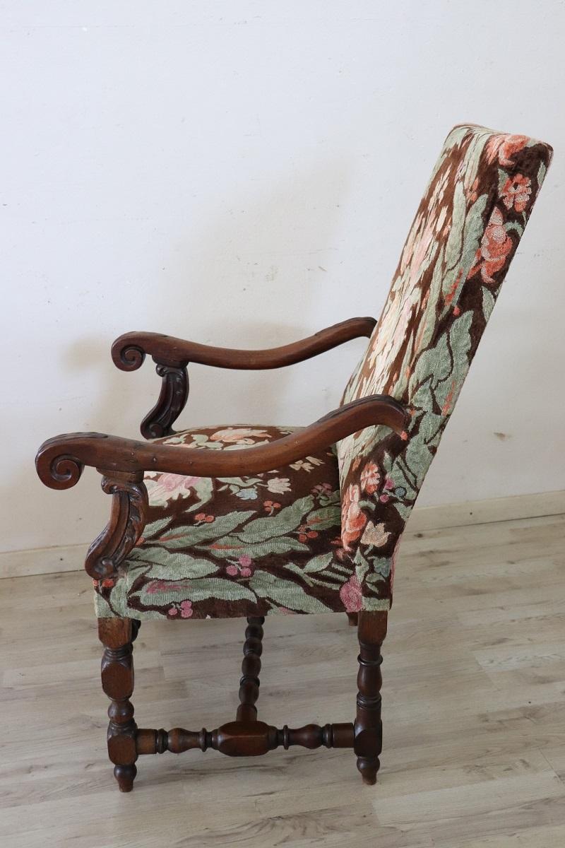 18th Century Italian Louis XIV Solid Walnut Antique Armchair For Sale 5