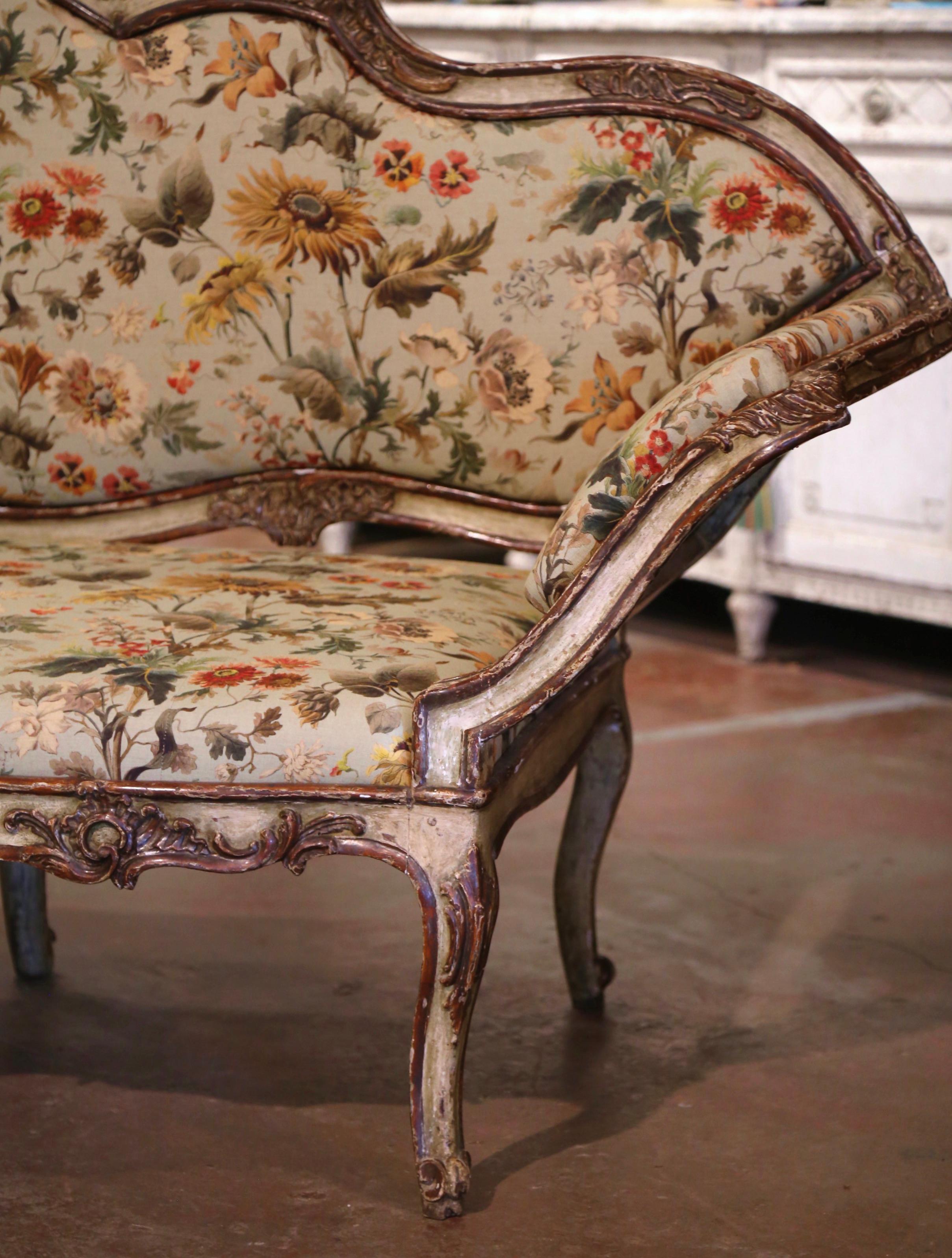 18th Century Italian Louis XV Carved Painted Eight, Leg Upholstered Canape For Sale 5