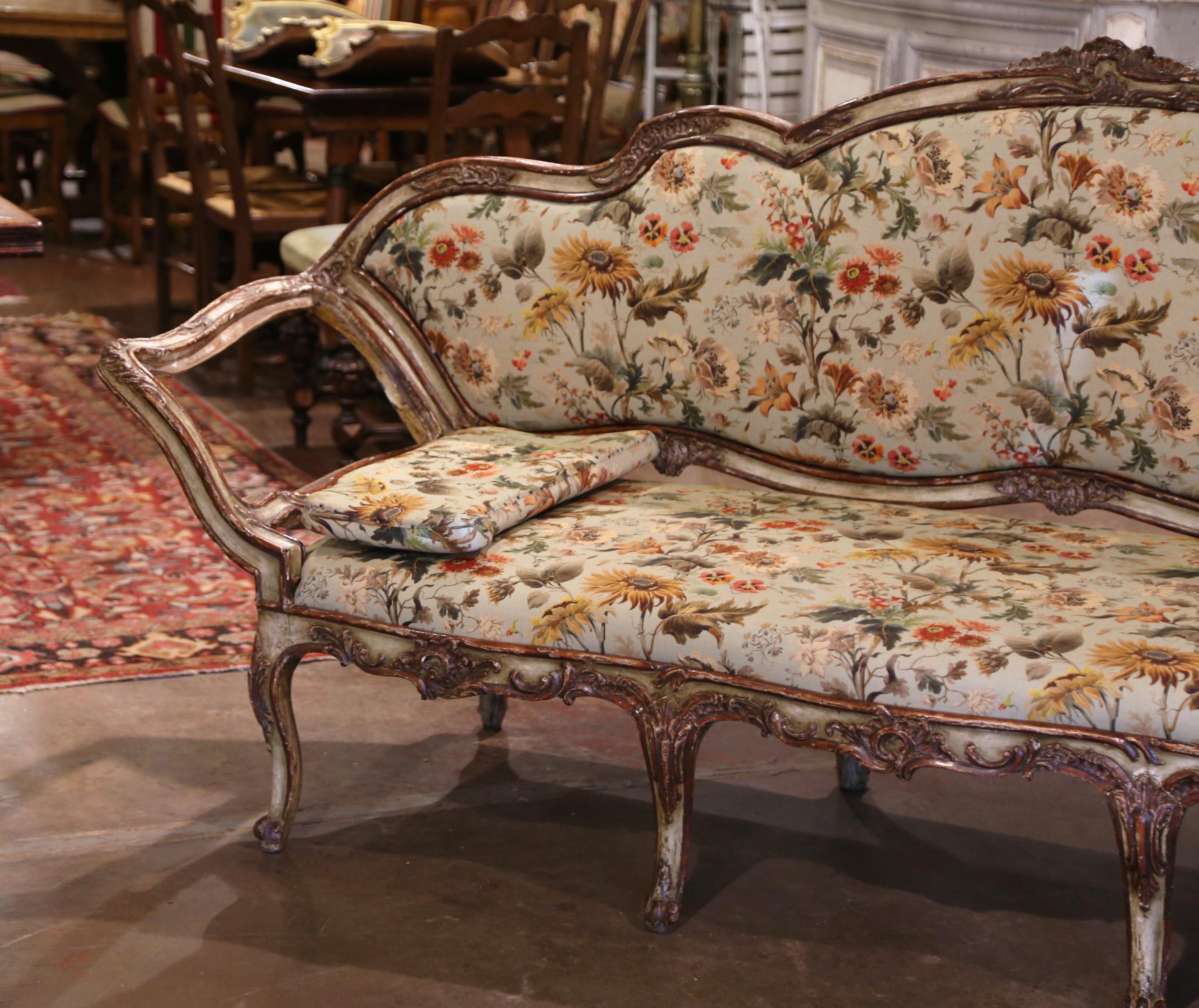 18th Century Italian Louis XV Carved Painted Eight, Leg Upholstered Canape For Sale 6