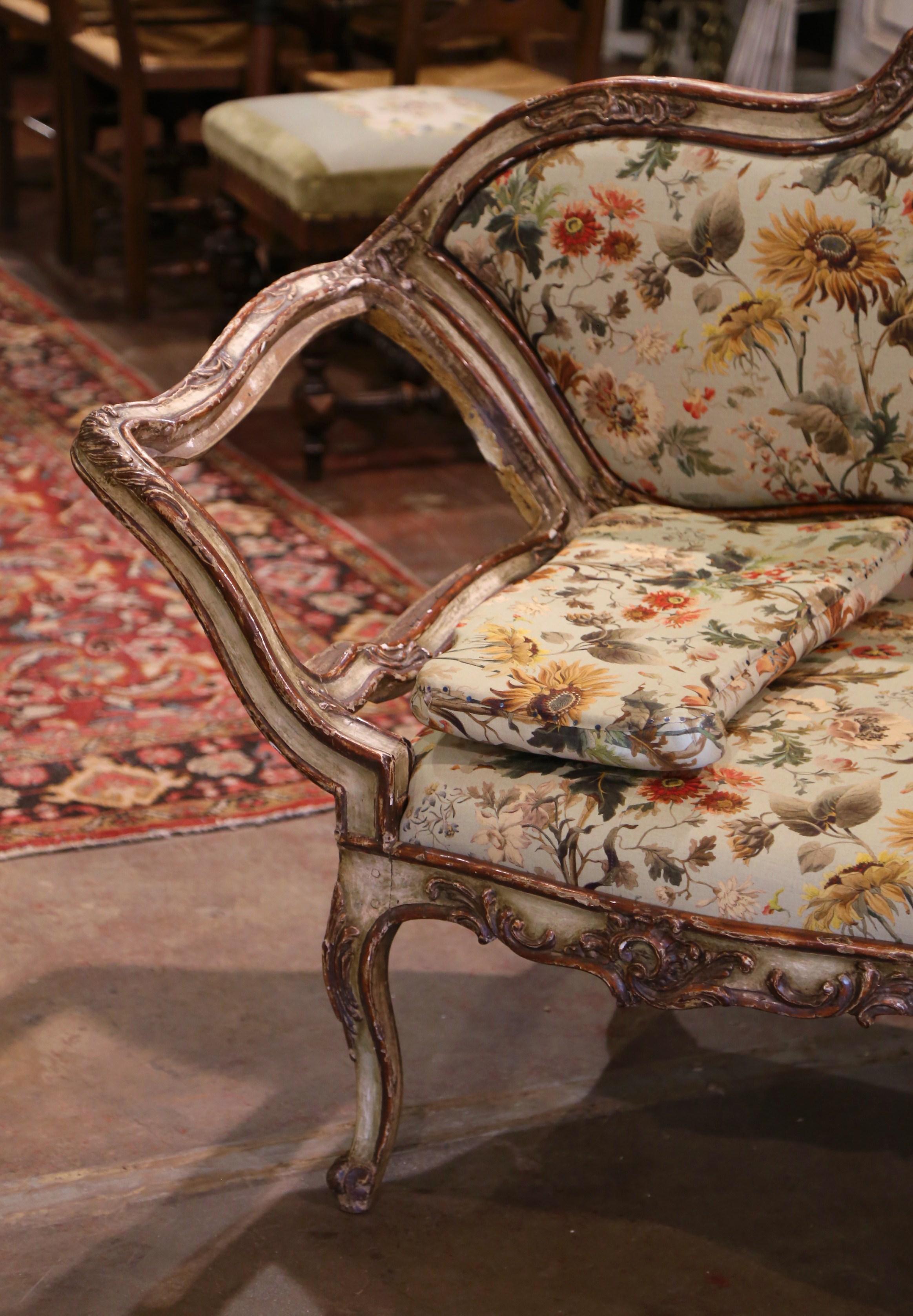 18th Century Italian Louis XV Carved Painted Eight, Leg Upholstered Canape For Sale 7