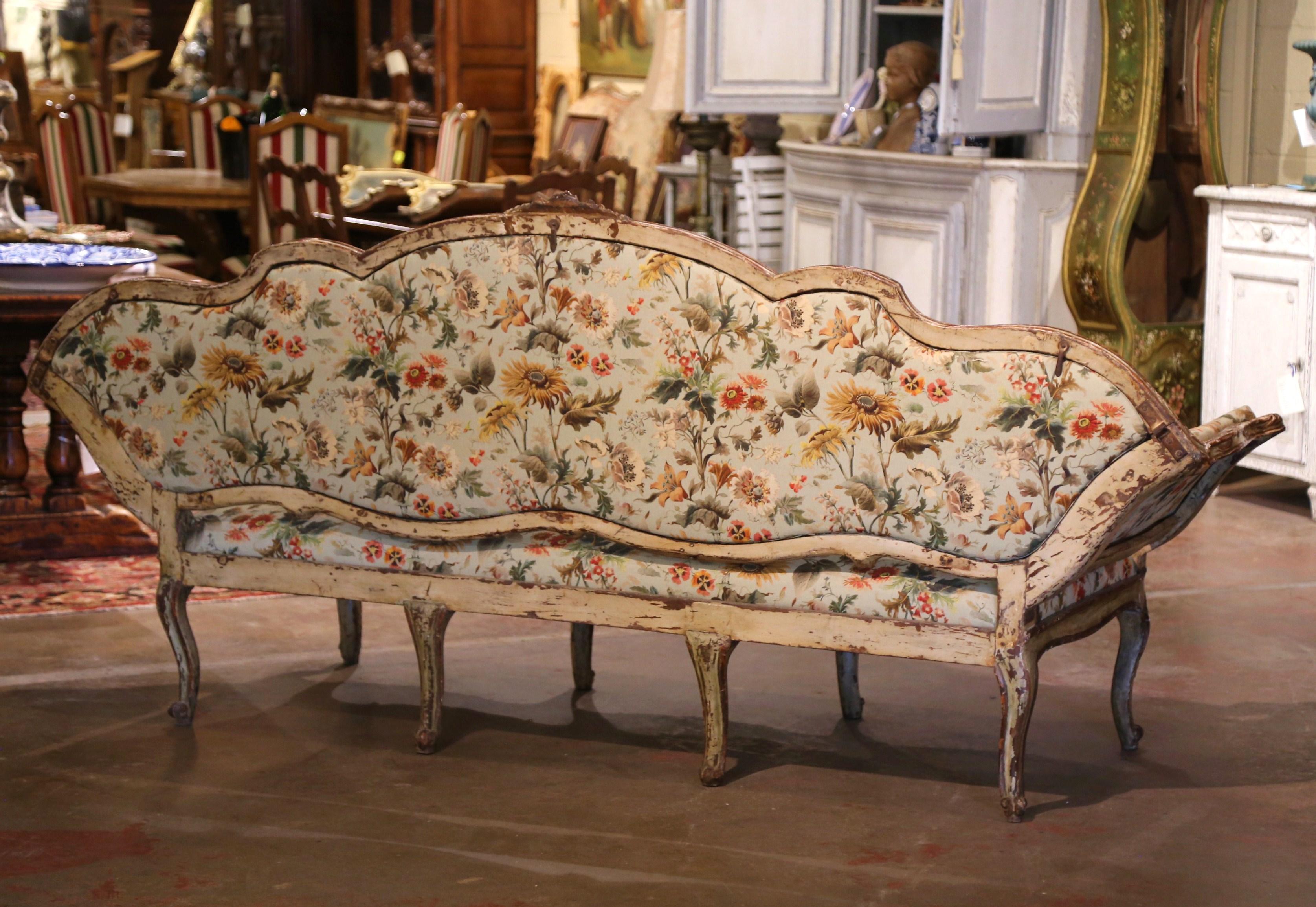 18th Century Italian Louis XV Carved Painted Eight, Leg Upholstered Canape For Sale 8