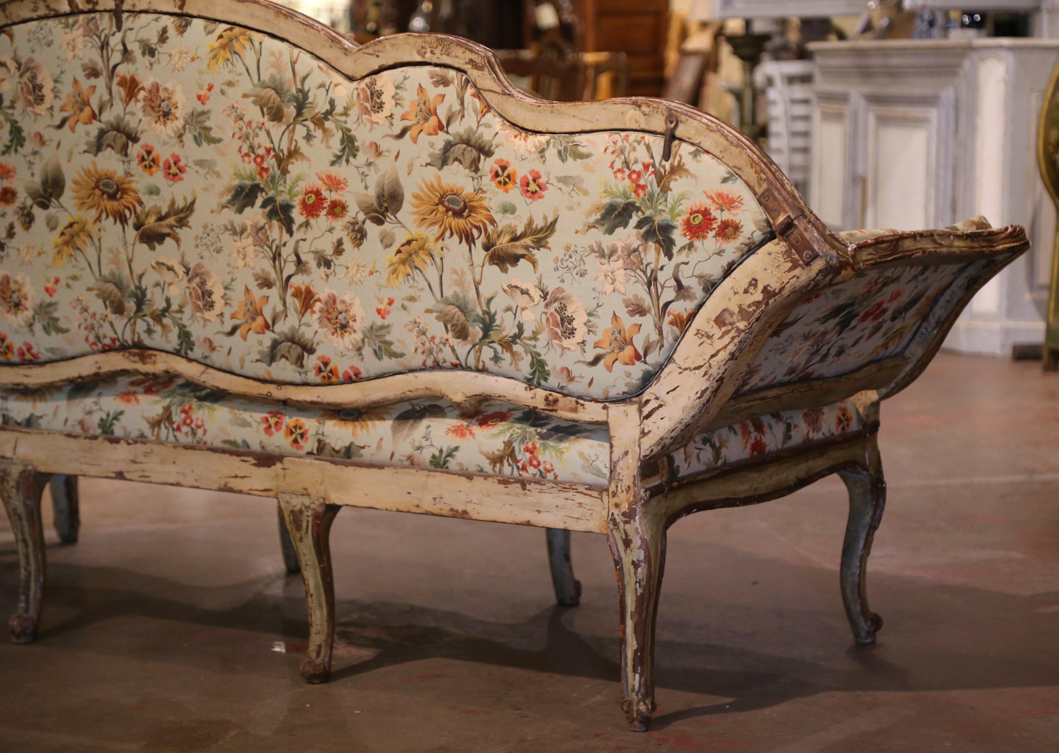 18th Century Italian Louis XV Carved Painted Eight, Leg Upholstered Canape For Sale 9