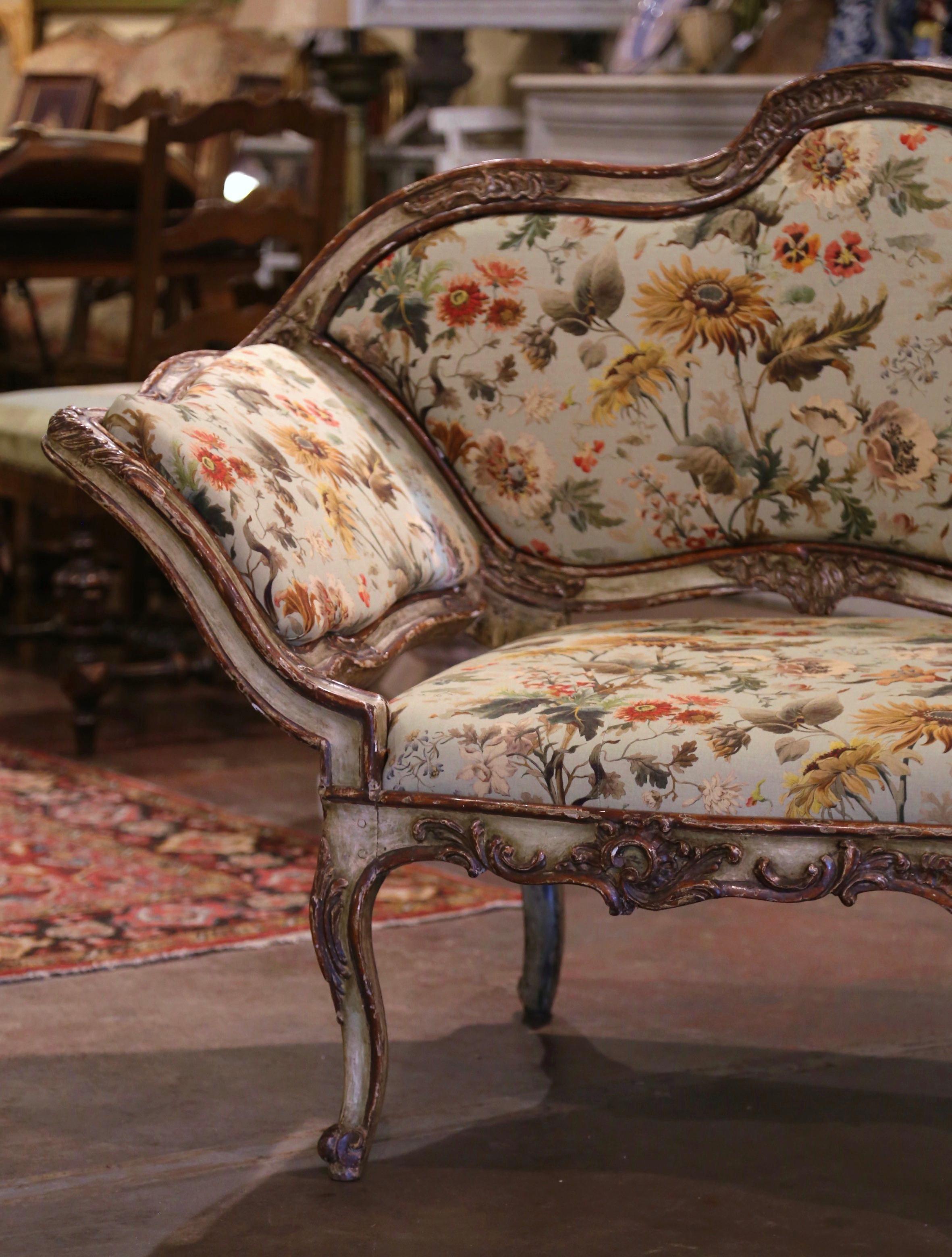 Hand-Painted 18th Century Italian Louis XV Carved Painted Eight, Leg Upholstered Canape For Sale