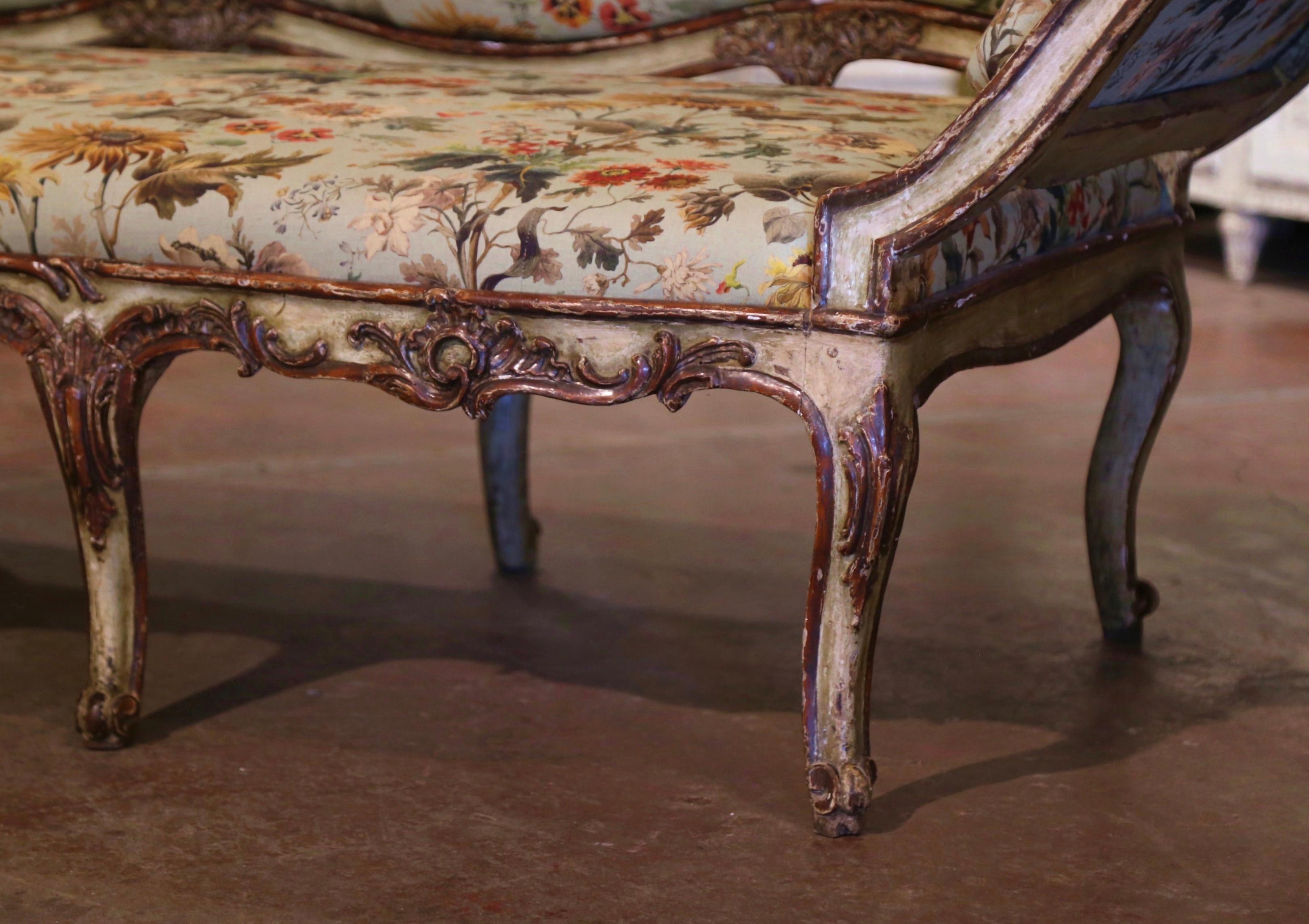 18th Century Italian Louis XV Carved Painted Eight, Leg Upholstered Canape In Excellent Condition For Sale In Dallas, TX