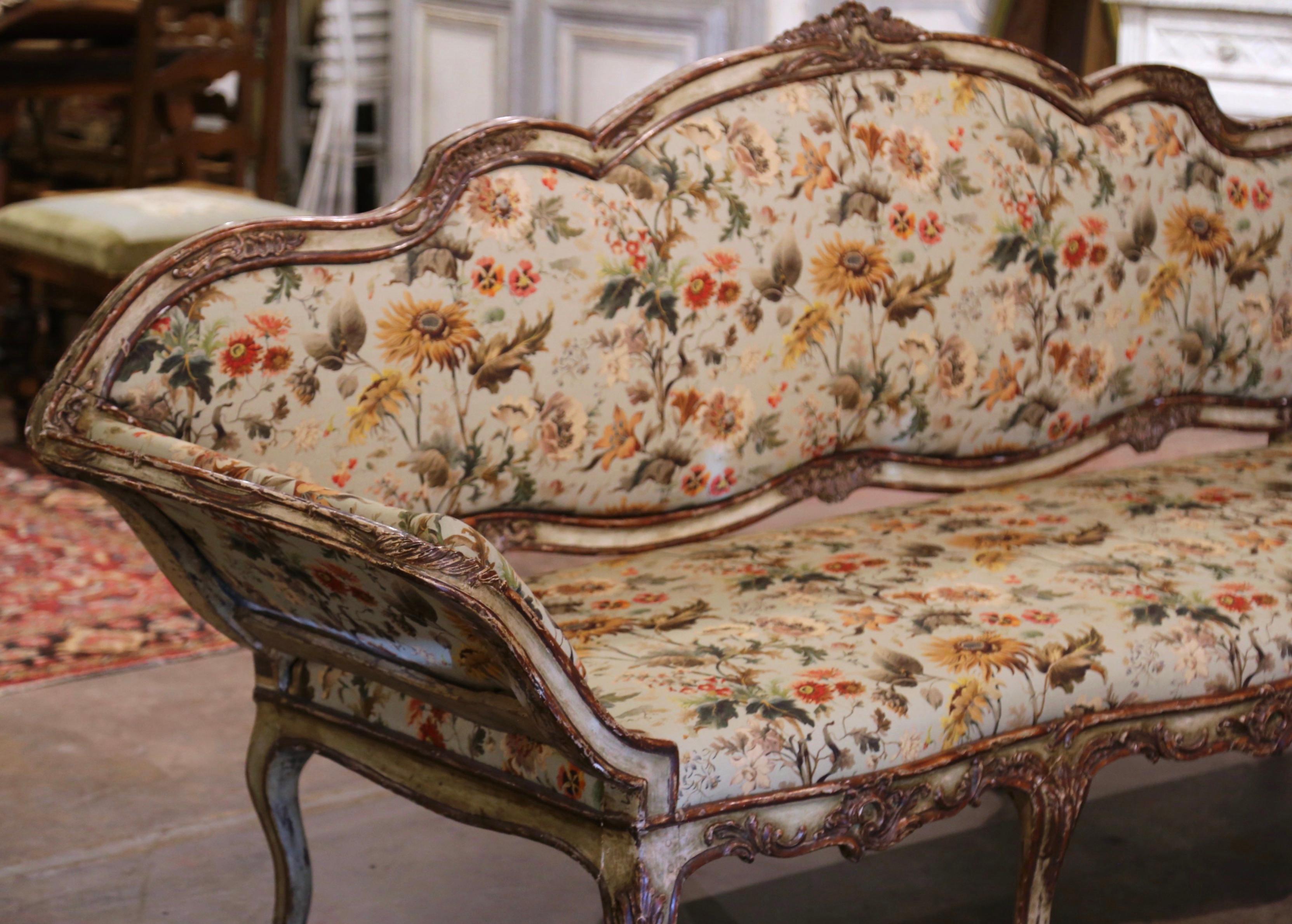 18th Century Italian Louis XV Carved Painted Eight, Leg Upholstered Canape For Sale 1