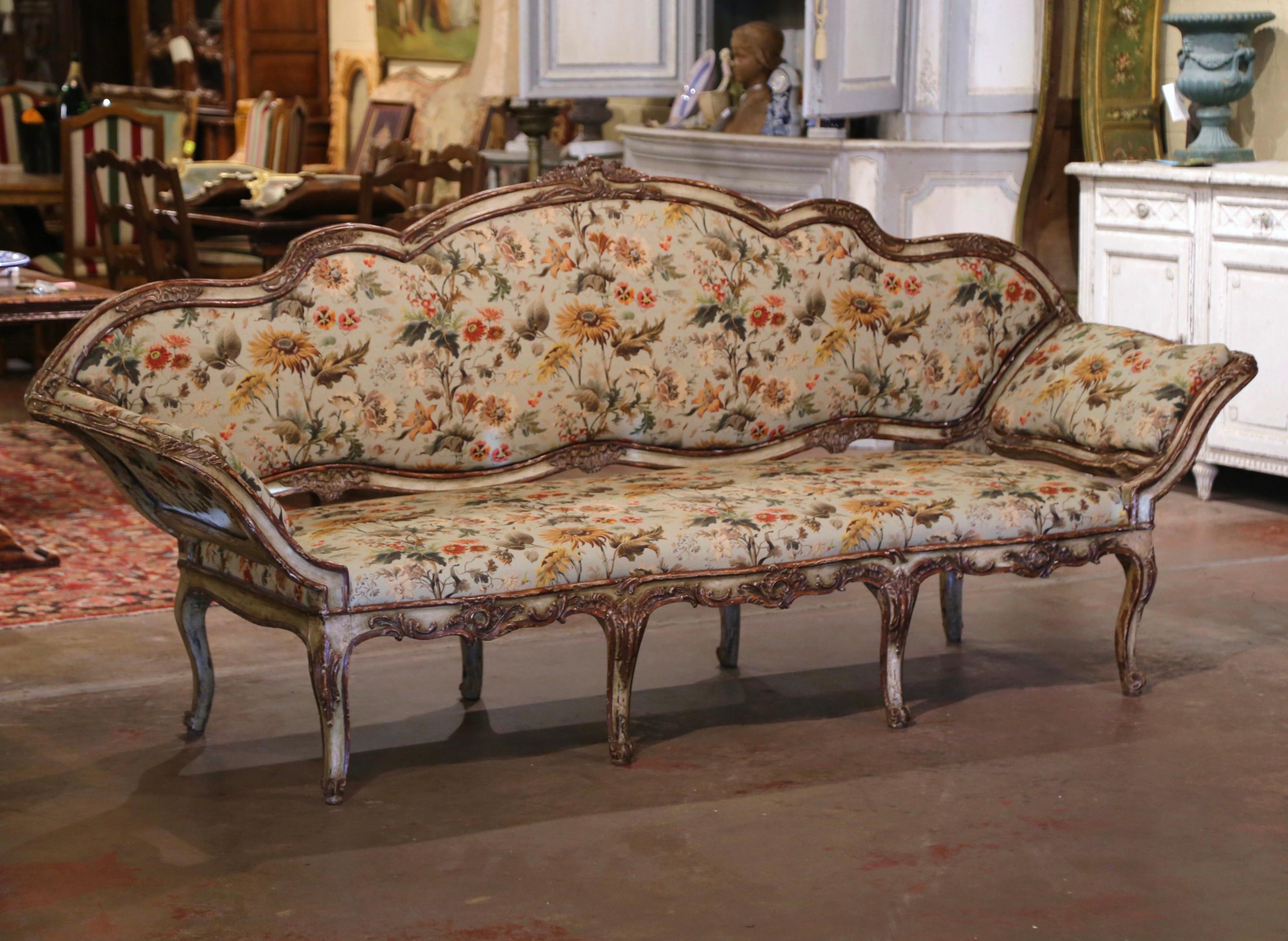18th Century Italian Louis XV Carved Painted Eight, Leg Upholstered Canape For Sale 2