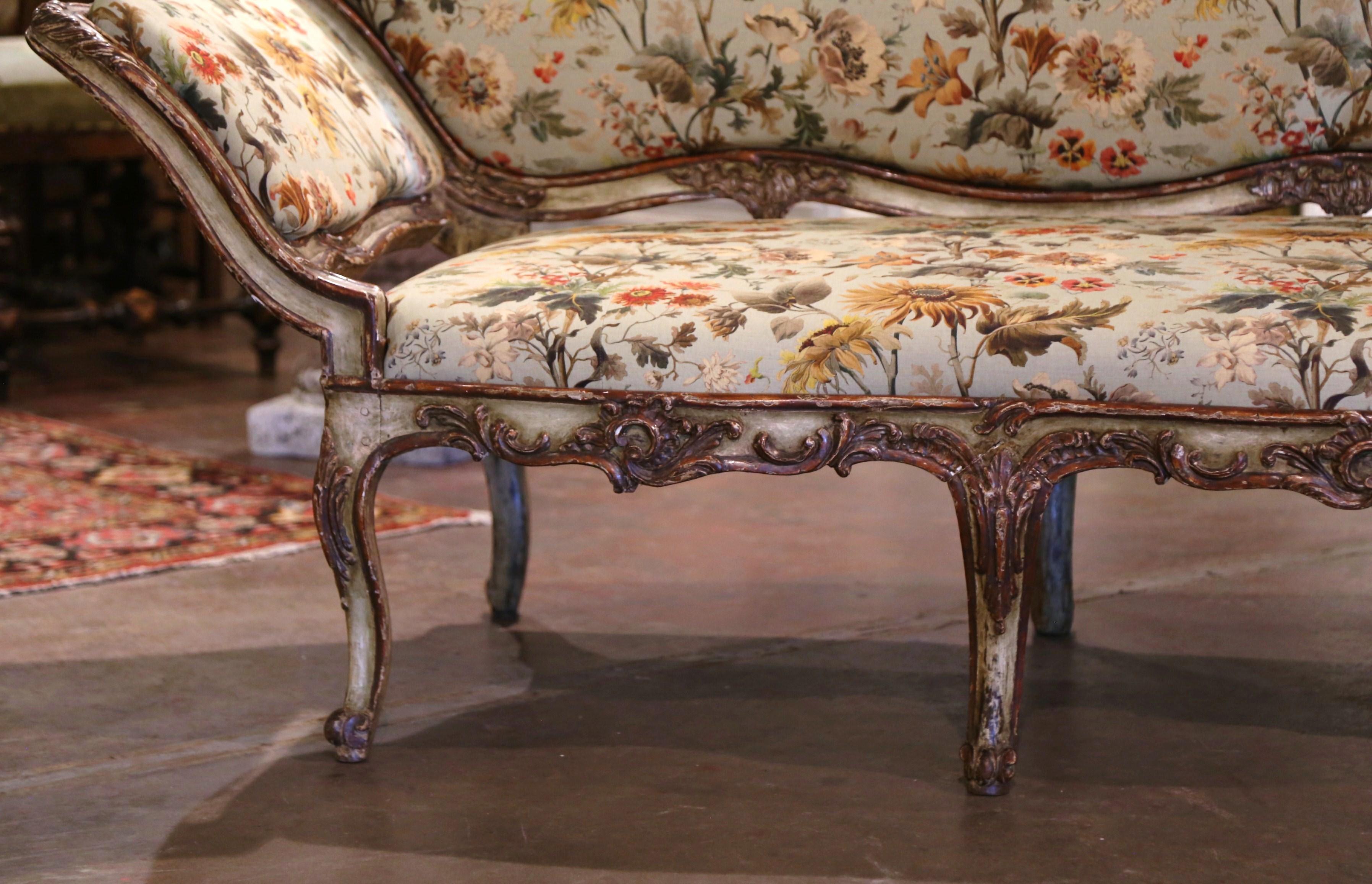 18th Century Italian Louis XV Carved Painted Eight, Leg Upholstered Canape For Sale 4
