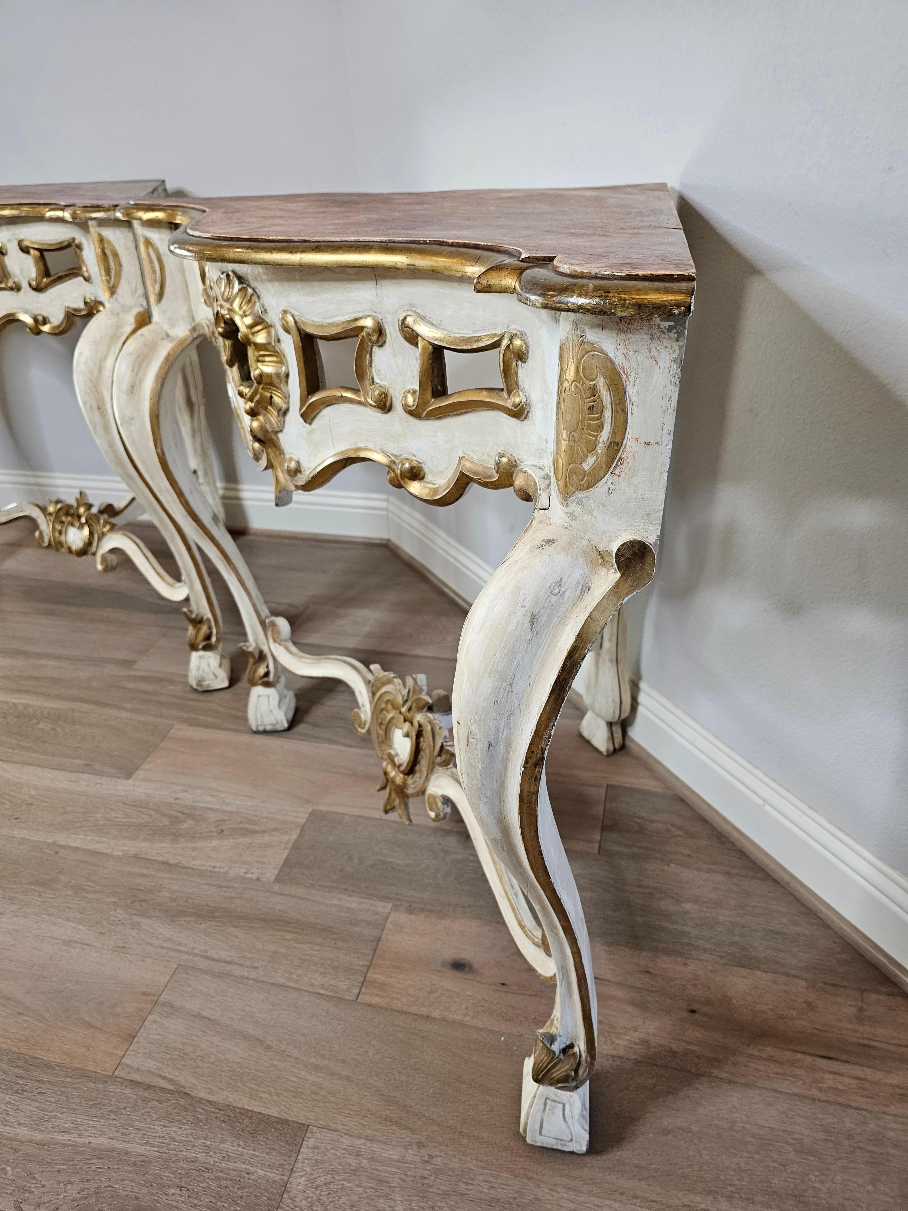 18th Century Italian Louis XV Carved Painted Gilt Wood Corner Console Table Pair For Sale 5