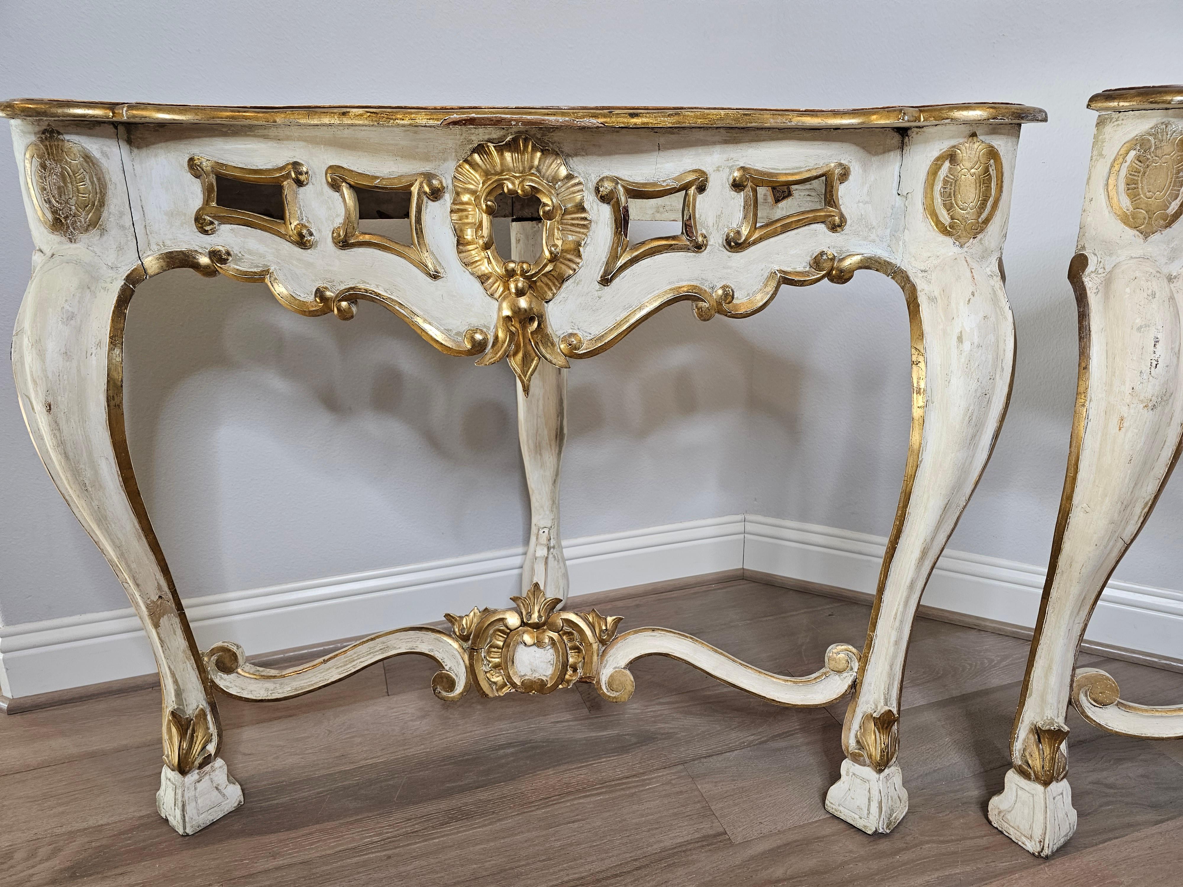 18th Century Italian Louis XV Carved Painted Gilt Wood Corner Console Table Pair For Sale 6