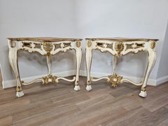 18th Century Italian Louis XV Carved Painted Gilt Wood Corner Console Table Pair