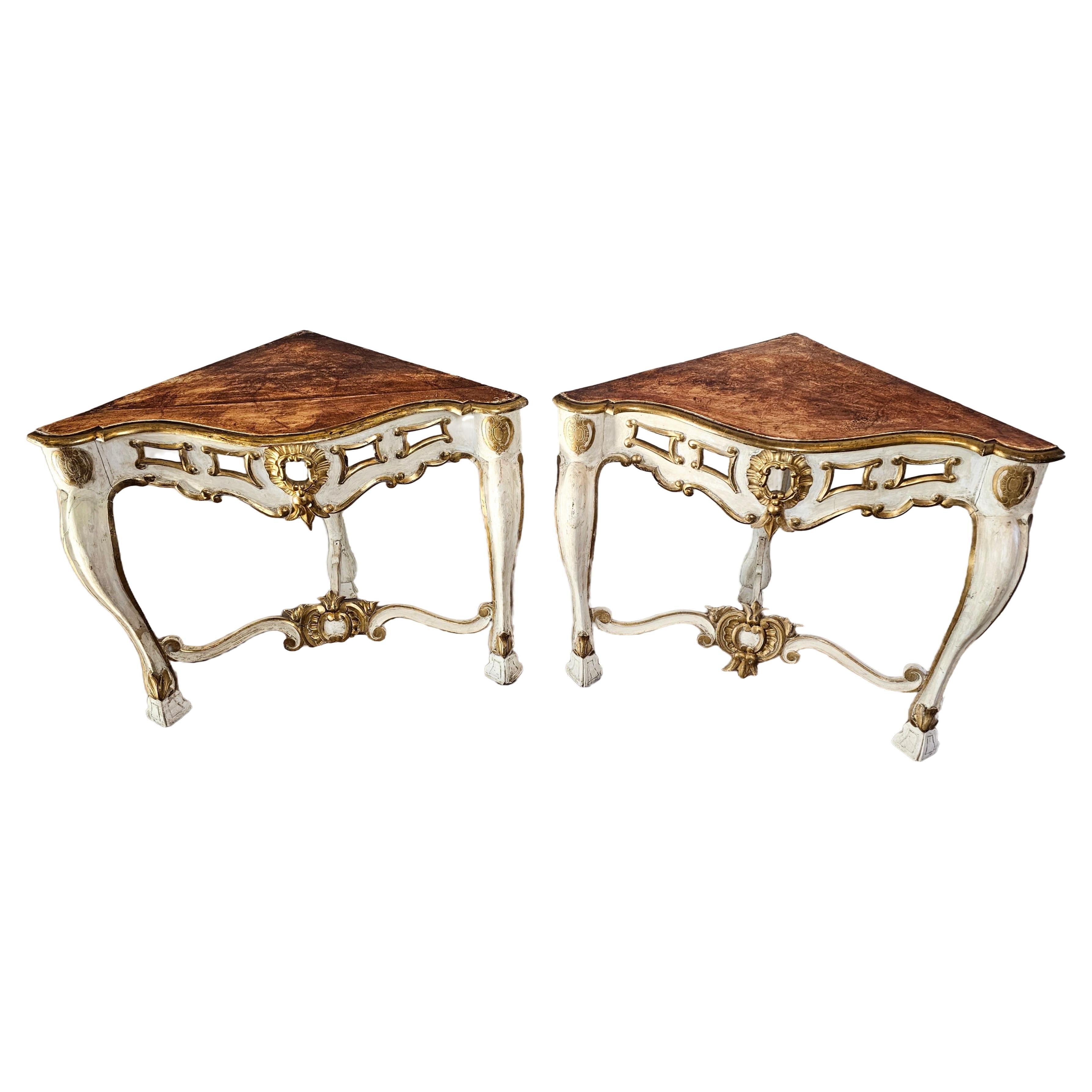 18th Century Italian Louis XV Carved Painted Gilt Wood Corner Console Table Pair For Sale
