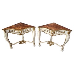 Used 18th Century Italian Louis XV Carved Painted Gilt Wood Corner Console Table Pair