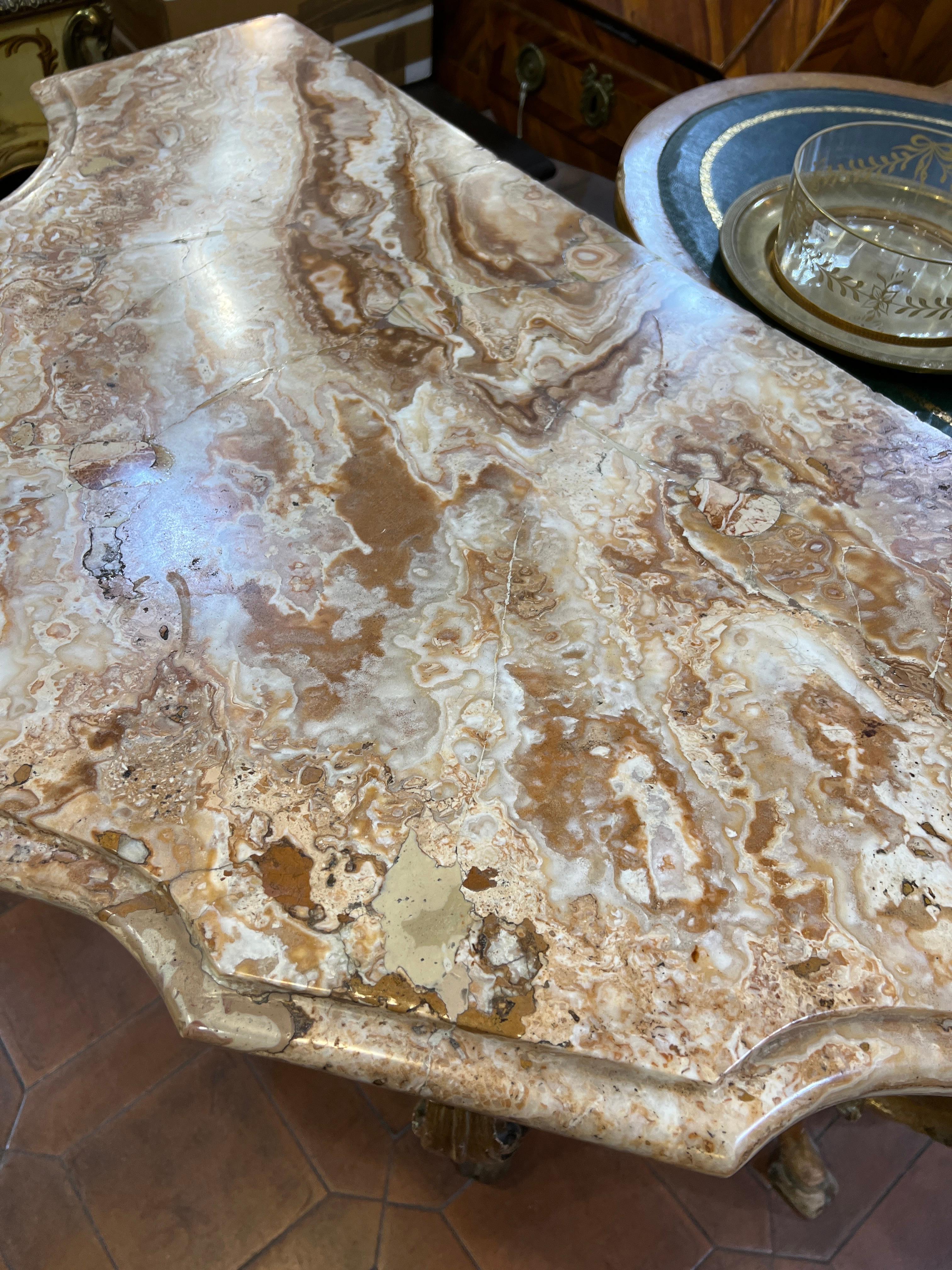 Mid-18th Century 18th Century Italian Louis XV Gilt Hand-Carved Console Tables Marble, Tuscany