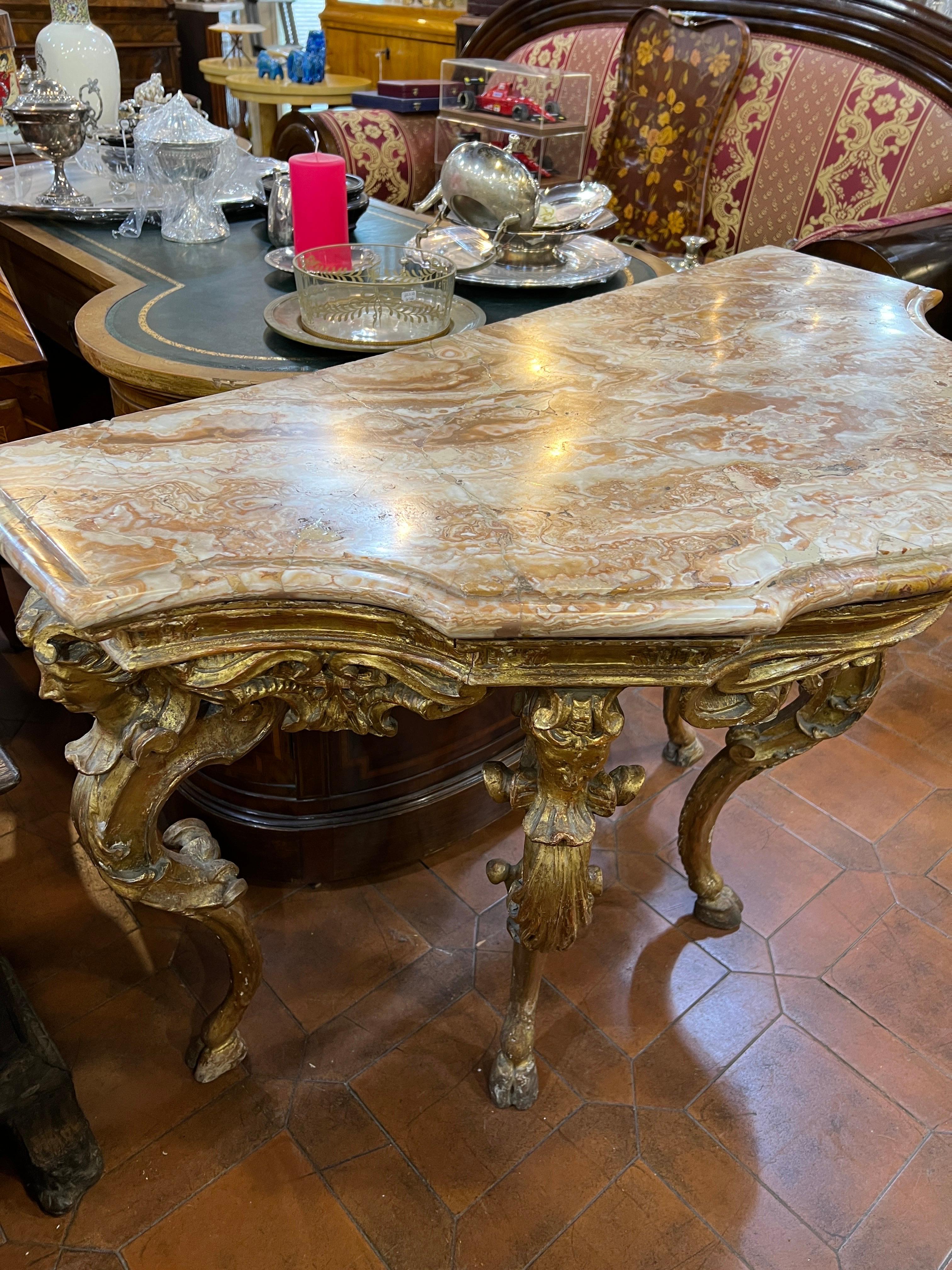 18th Century Italian Louis XV Gilt Hand-Carved Console Tables Marble, Tuscany 1