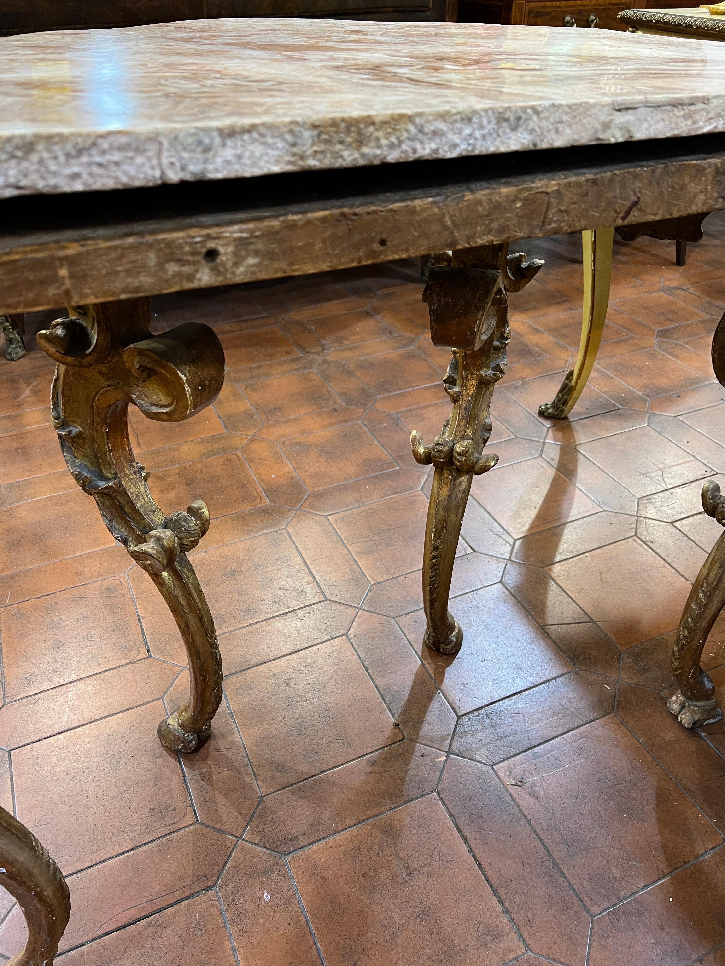 18th Century Italian Louis XV Gilt Hand-Carved Console Tables Marble, Tuscany 2