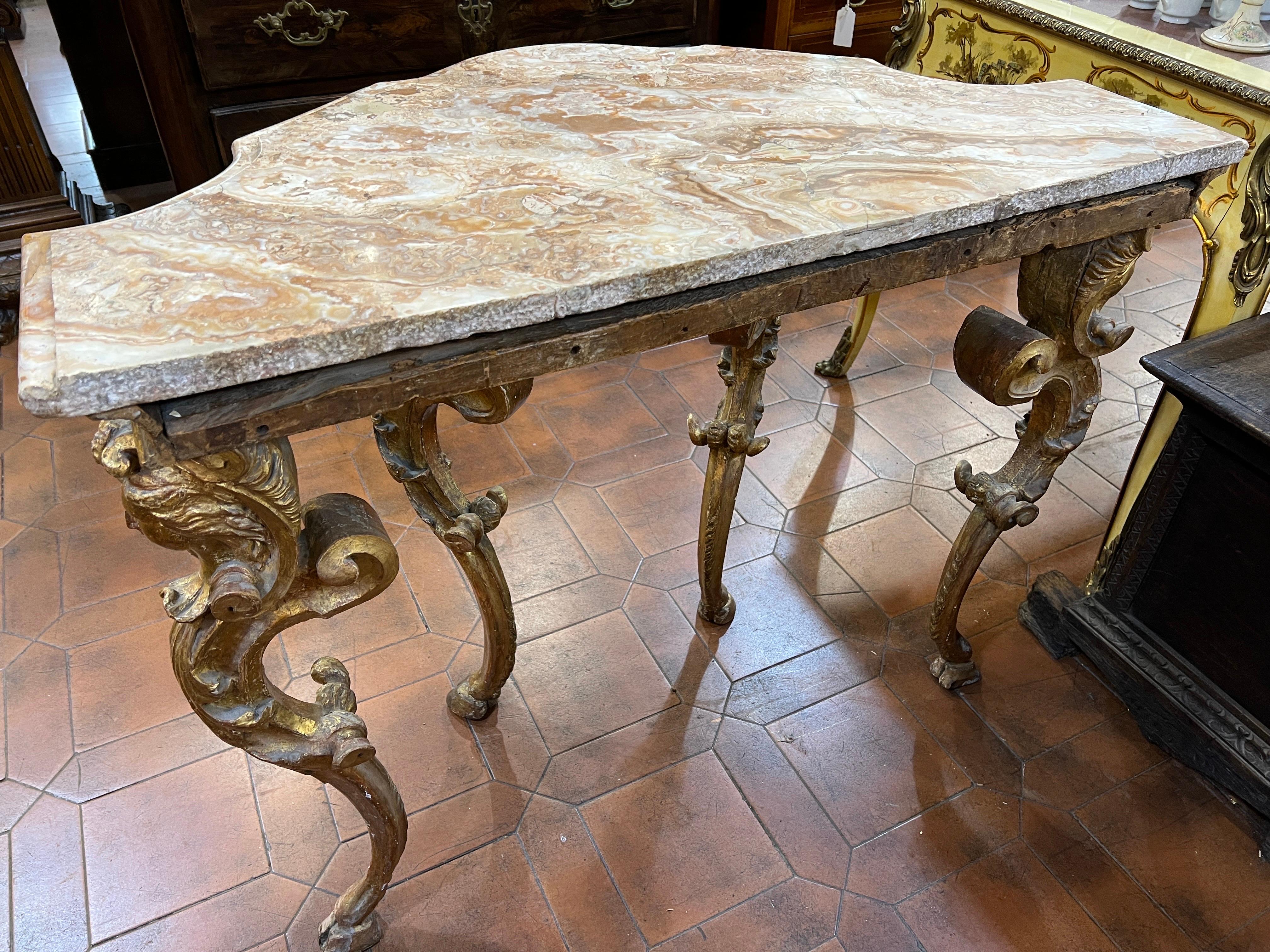 18th Century Italian Louis XV Gilt Hand-Carved Console Tables Marble, Tuscany 3