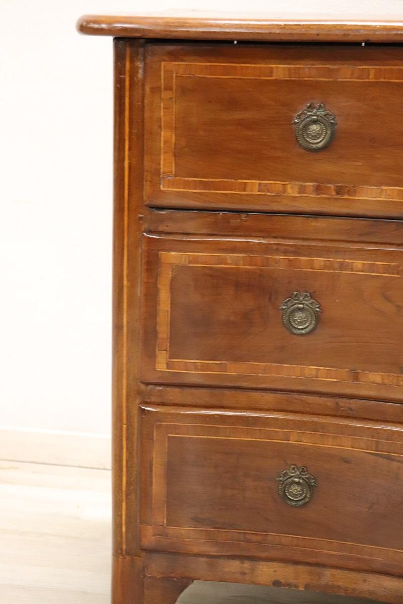 18th Century and Earlier 18th Century Italian Louis XV Inlaid Walnut Antique Chest of Drawers For Sale