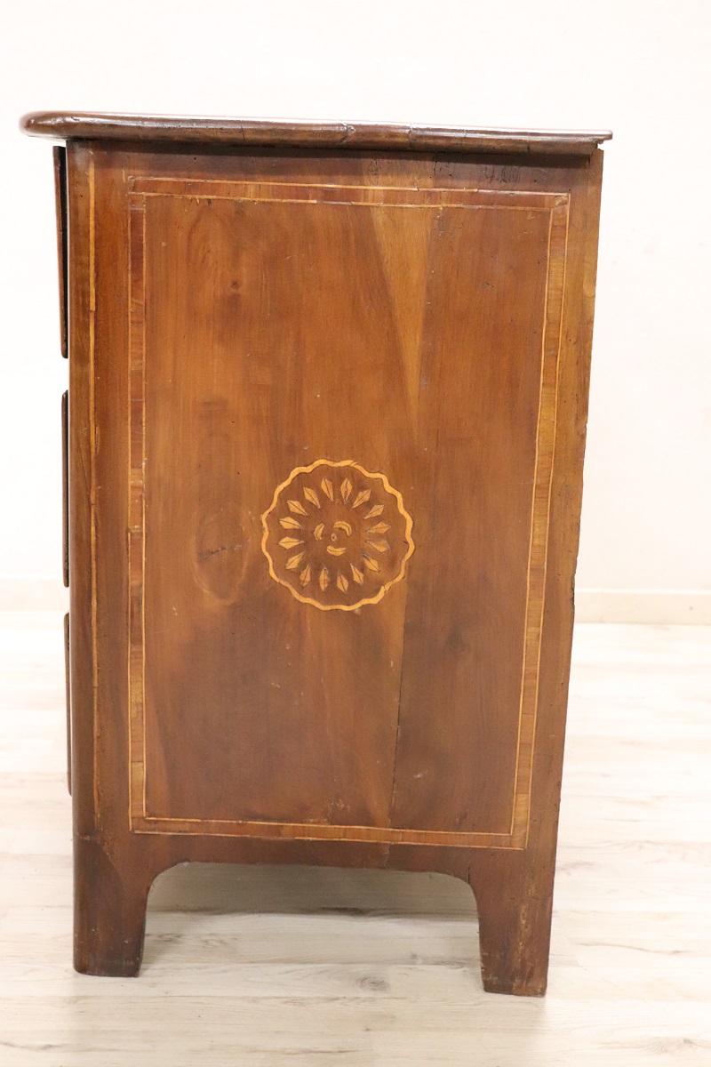 18th Century Italian Louis XV Inlaid Walnut Antique Chest of Drawers For Sale 4