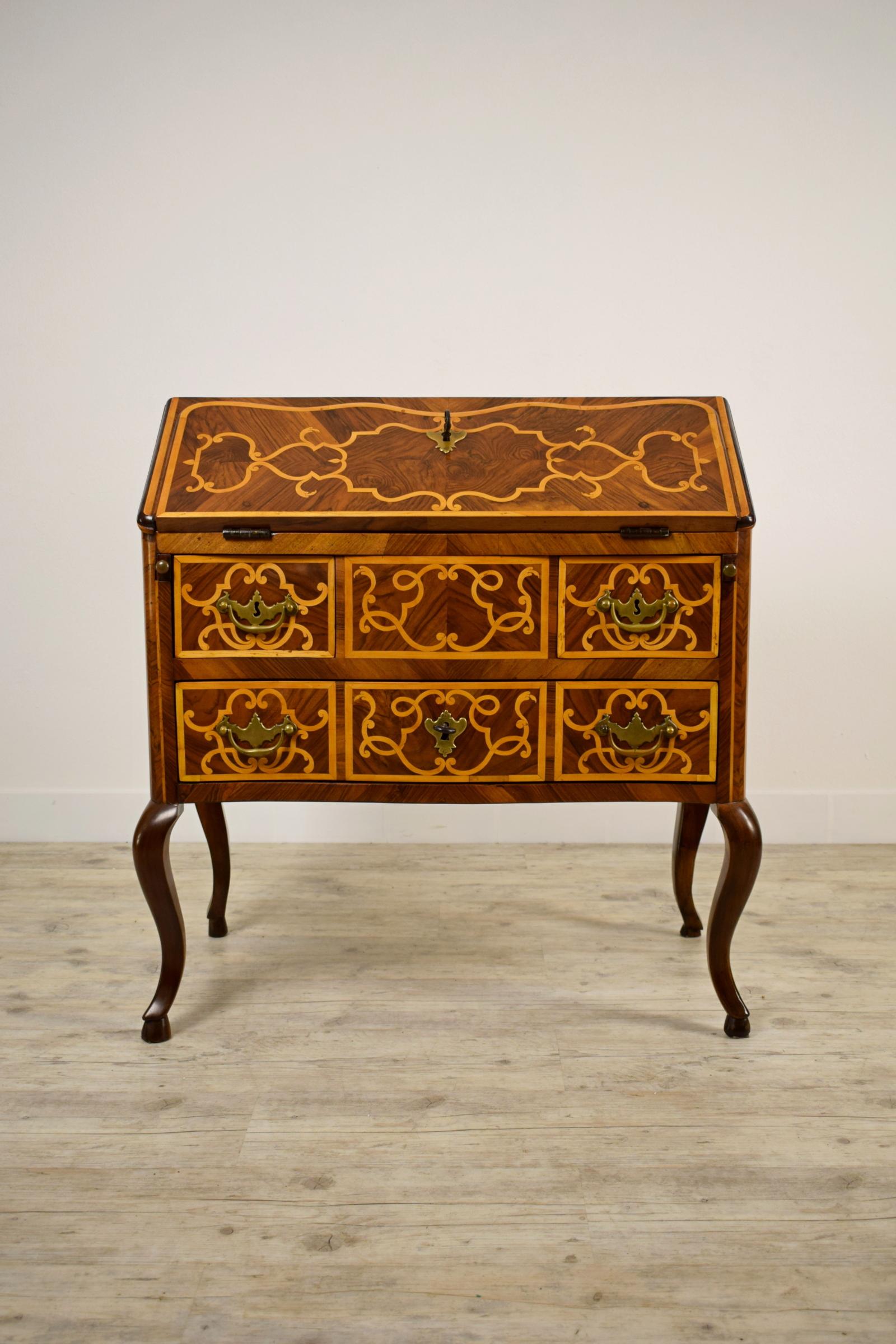 Gilt 18th Century, Italian Louis XV Paved and Inlaid Chest of Drawers with Secretaire