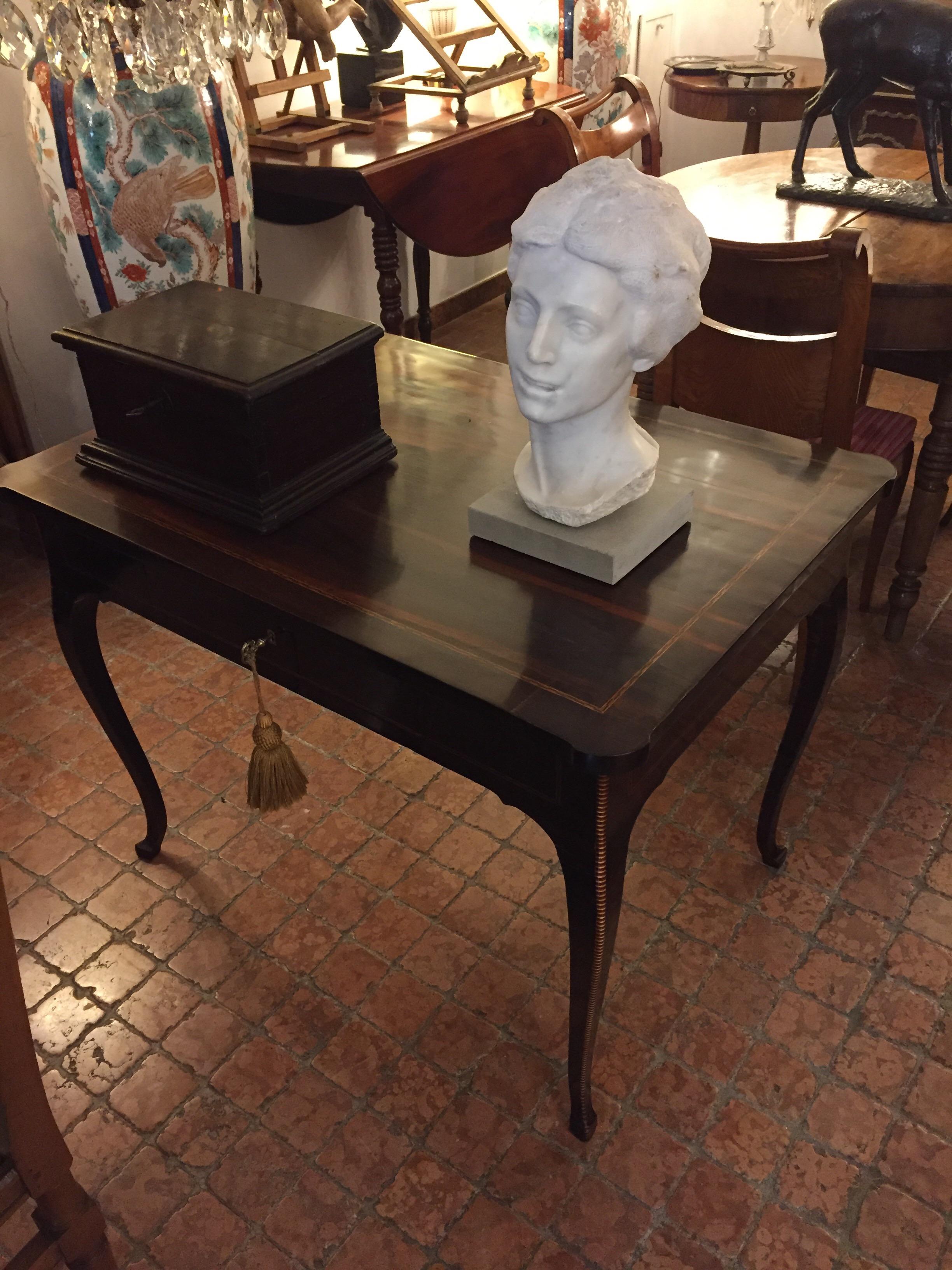 Inlay 18th Century Italian Louis XV Writing Table Inlaid Rosewood Center Desk For Sale