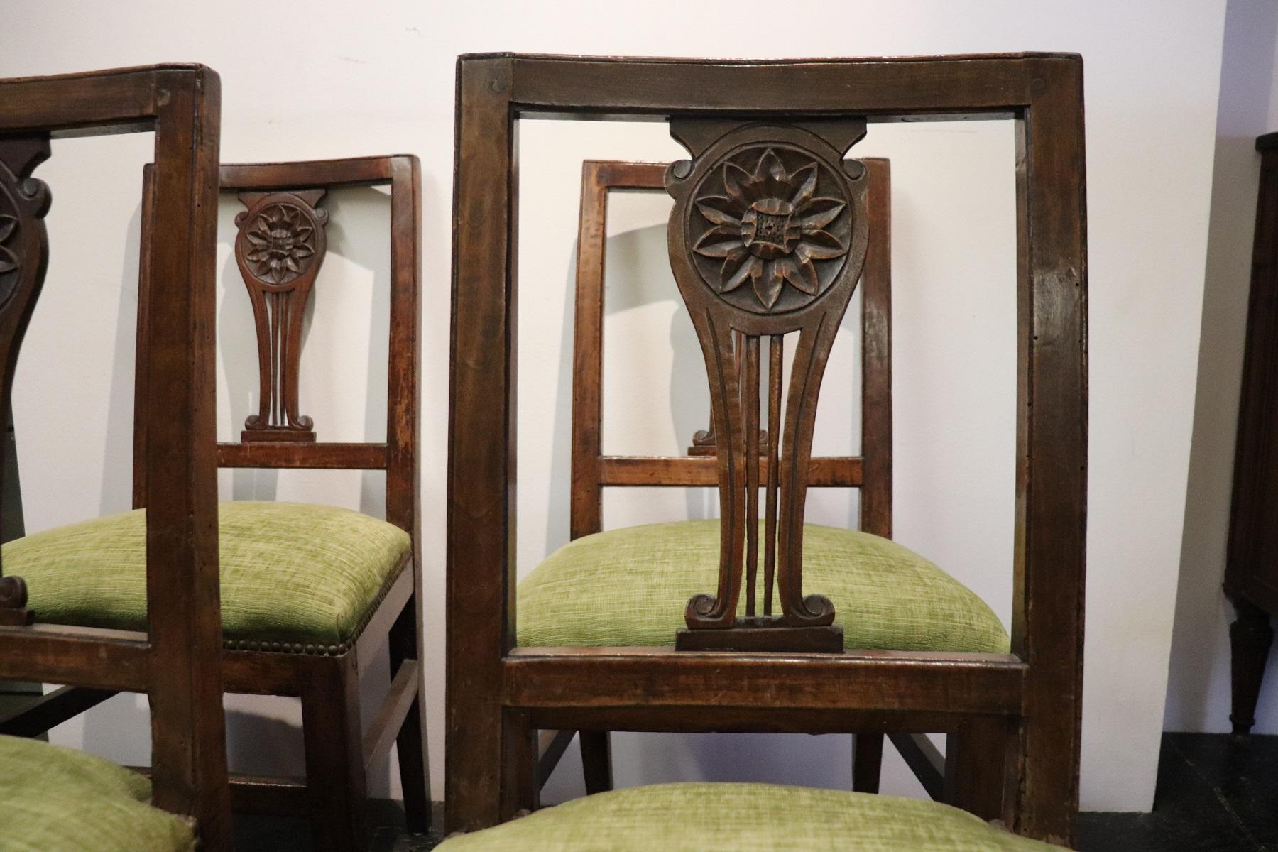 Late 18th Century 18th Century Italian Louis XVI Carved Walnut Wood Four Antique Chairs