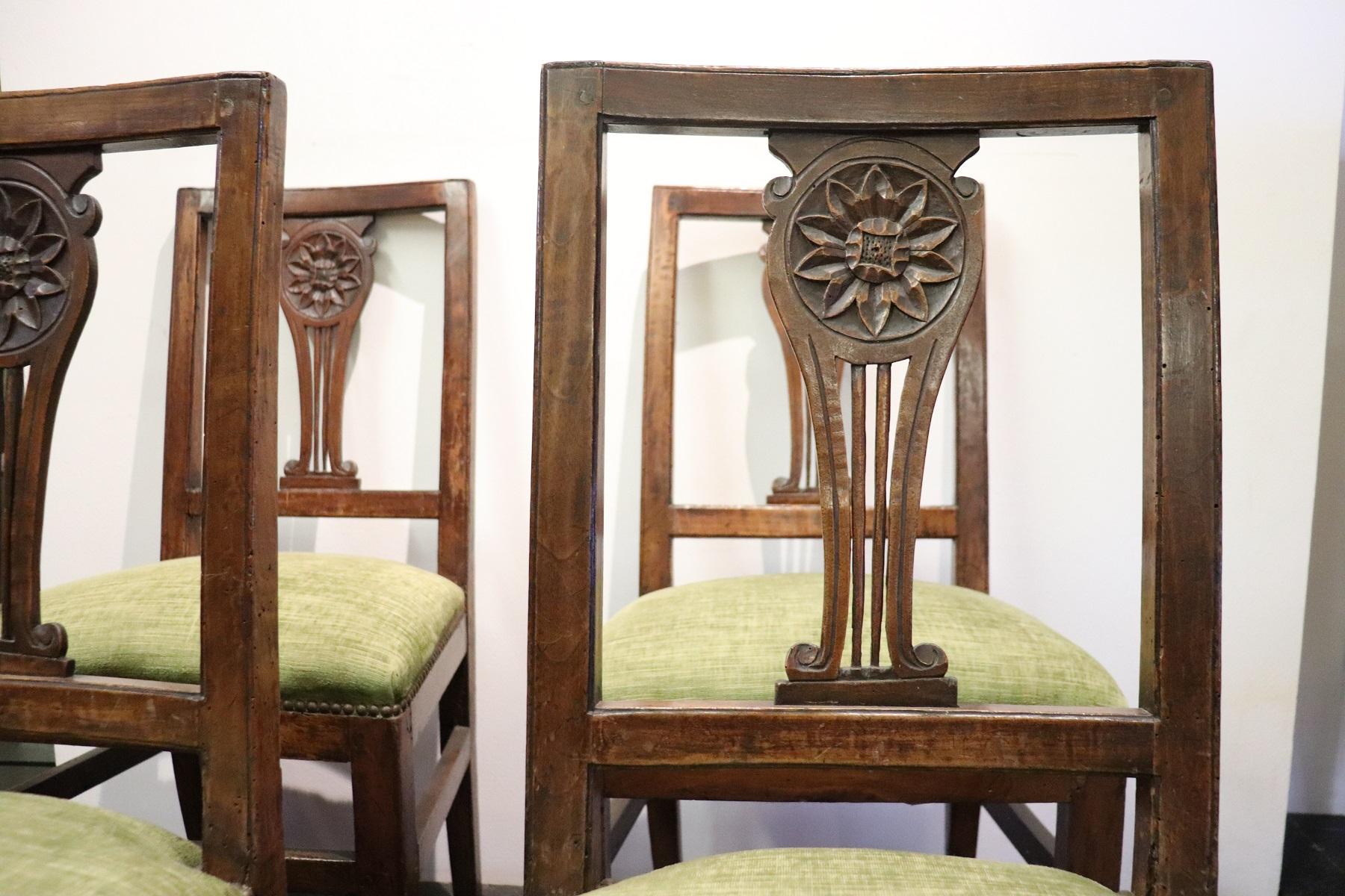 18th Century Italian Louis XVI Carved Walnut Wood Four Antique Chairs 1