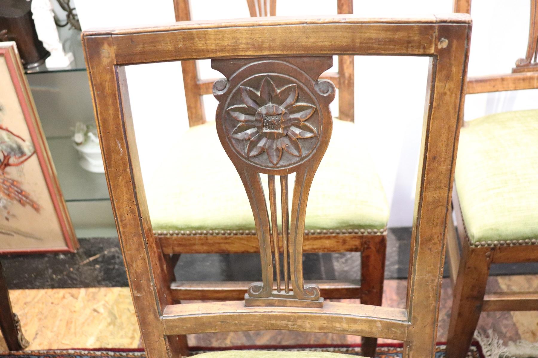 18th Century Italian Louis XVI Carved Walnut Wood Four Antique Chairs 2