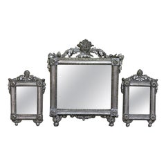 18th Century Italian Louis XVI Carved Wood and Silvered Wall Mirror, Set of 3