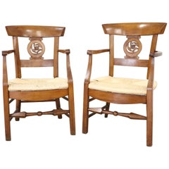 18th Century Italian Louis XVI Cherrywood Pair of Armchairs with Straw Seat