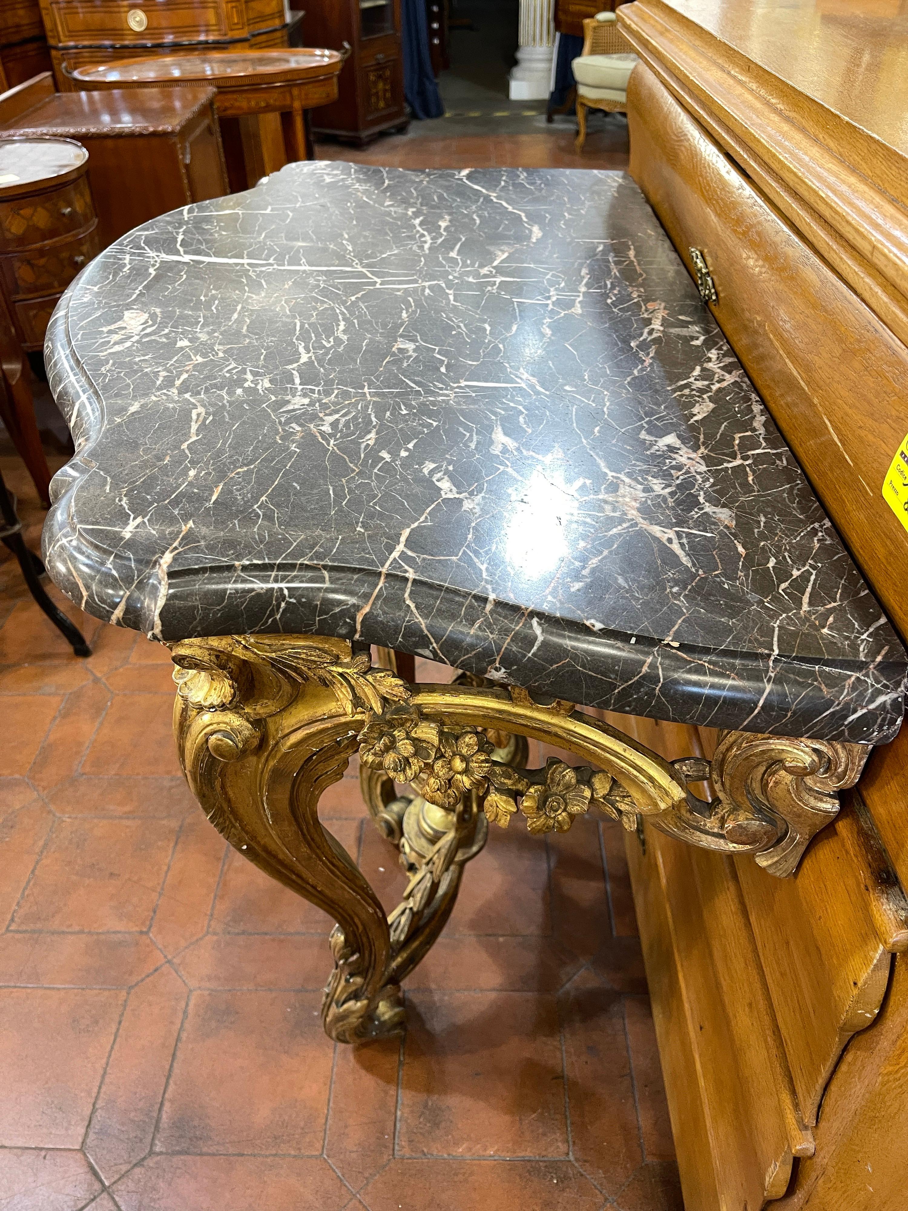 Hand-Carved 18th Century Italian Louis XVI Gilt Wood Console Table Portoro Marble, 1780 For Sale