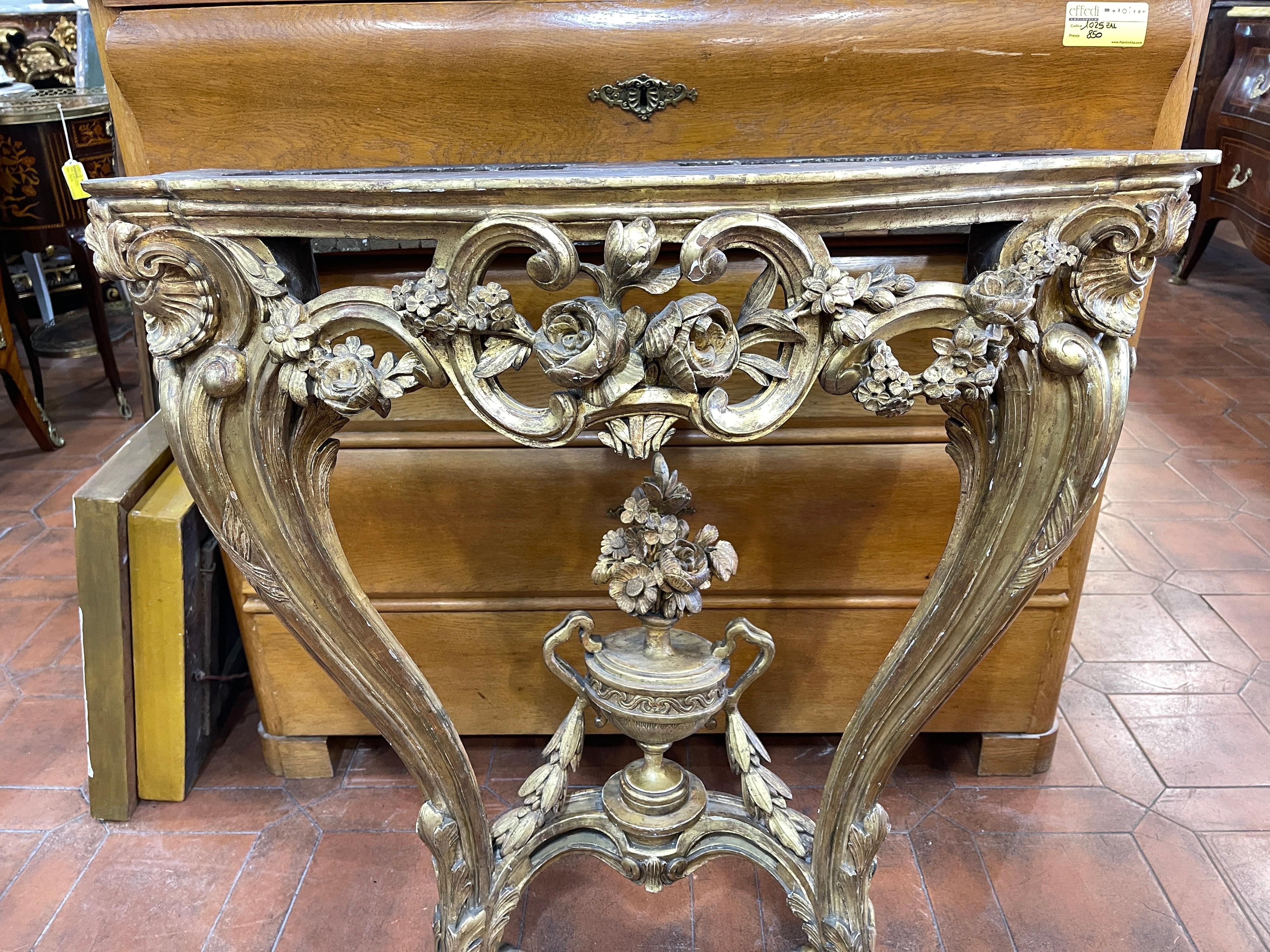 Console italienne Louis XVI du 18ème siècle en bois doré et marbre Portoro, 1780 en vente 1