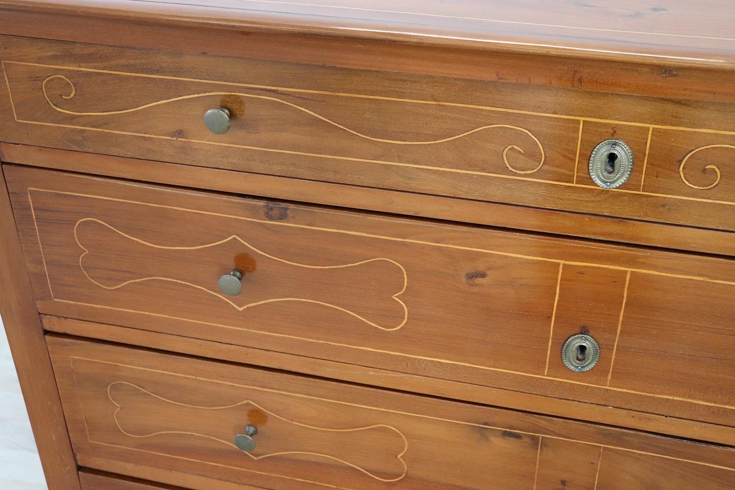 Late 18th Century 18th Century Italian Louis XVI Inlaid Cherry Wood Commode or Chest of Drawer For Sale