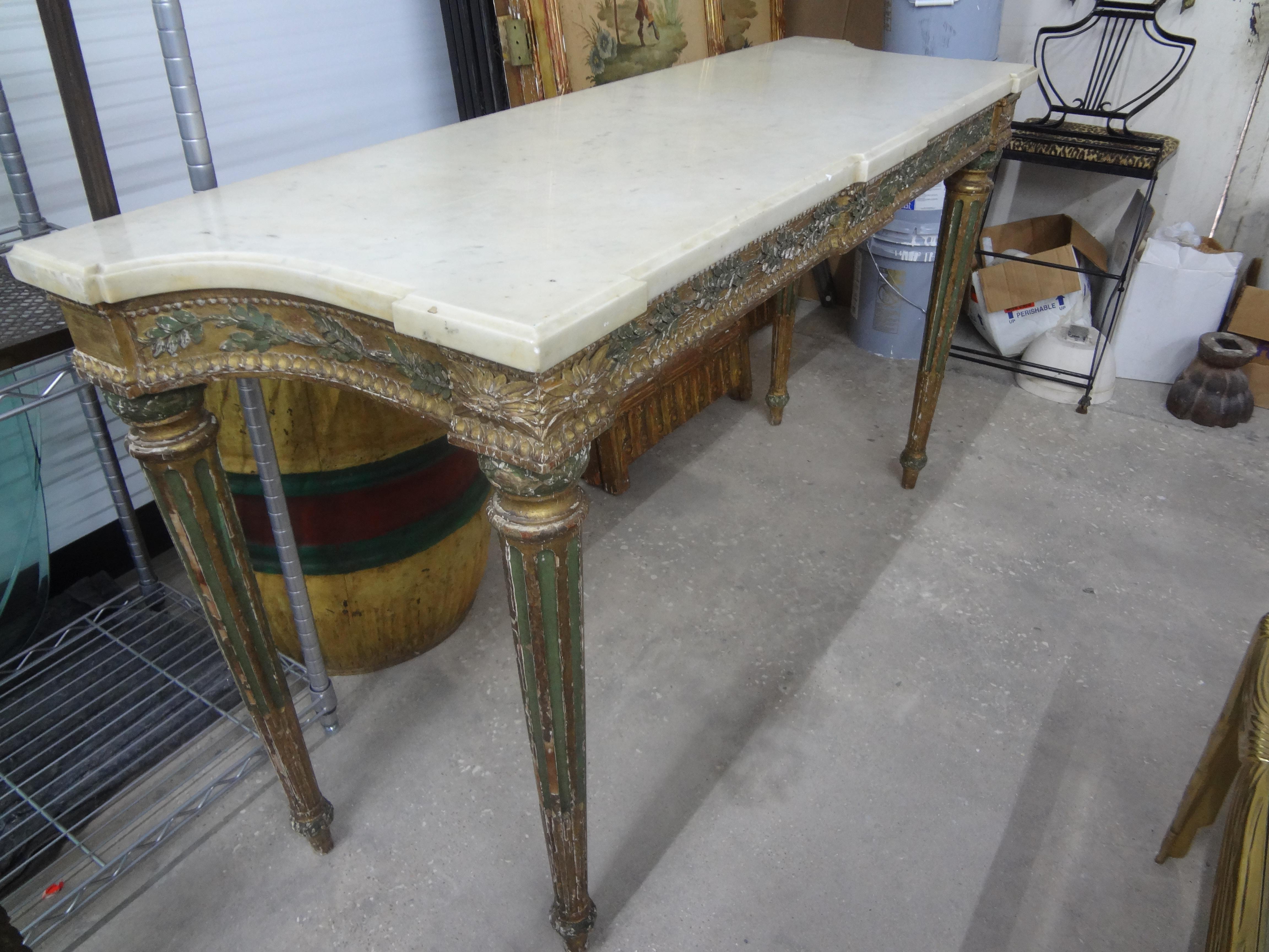 Carrara Marble 18th Century Italian Louis XVI Painted and Parcel Gilt Console Table For Sale